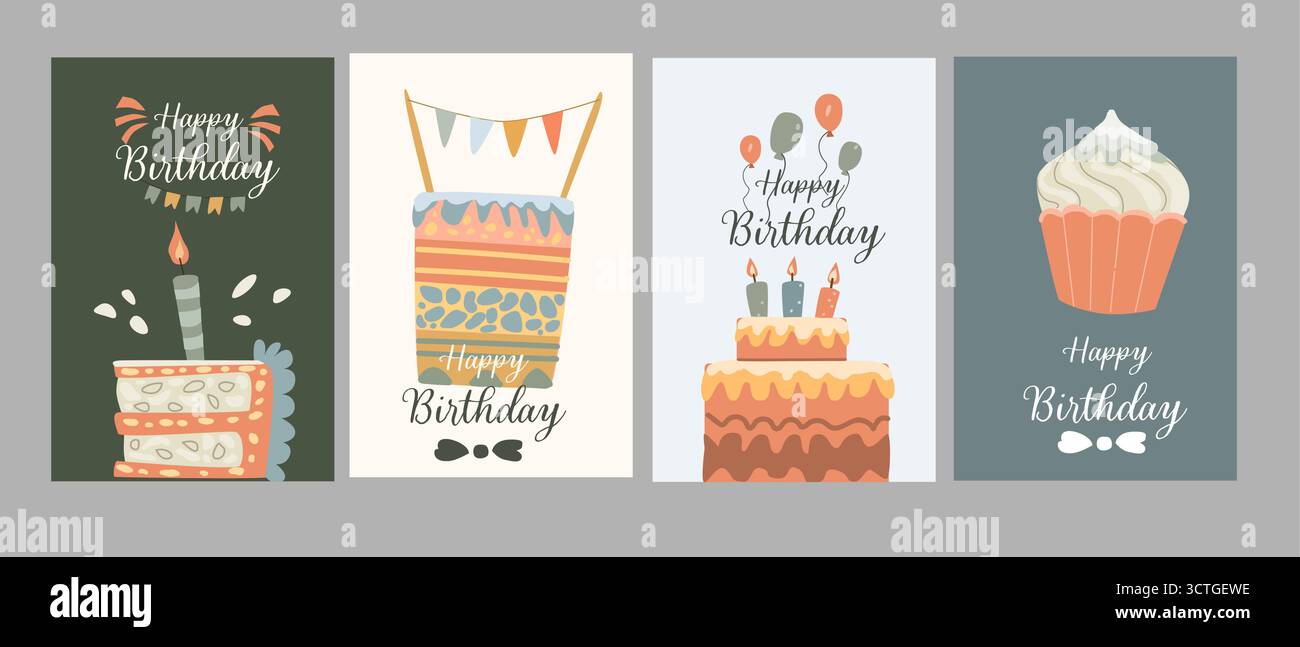 Colorful birthday card designs with cakes and candles for festive ...