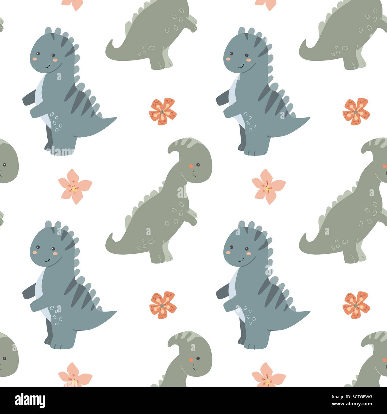 Cute dinosaur and flower pattern on black background. Stock Vector