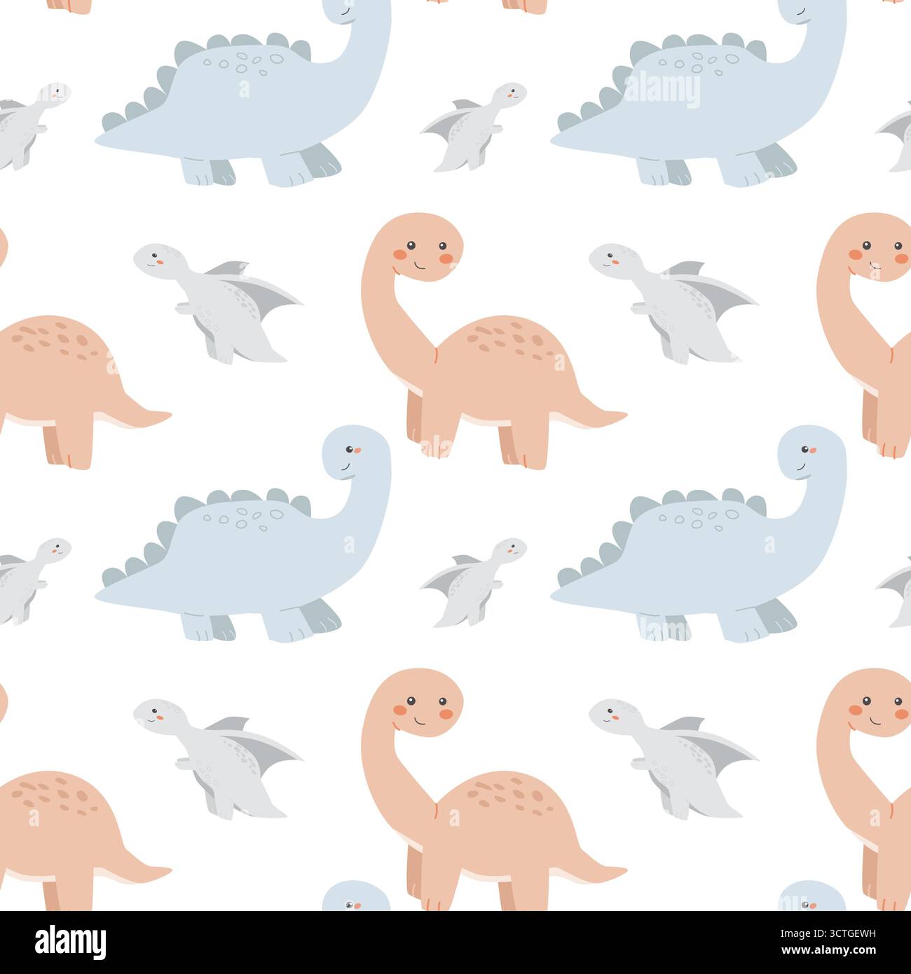 Cute dinosaur pattern with cartoon dinosaurs on black background. Stock Vector