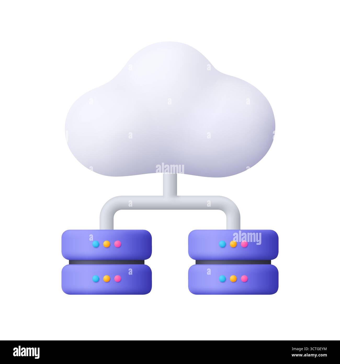 White cloud connected to two stacks of purple servers. Cloud storage, networking, data management, digital technology and computing infrastructure co Stock Vector