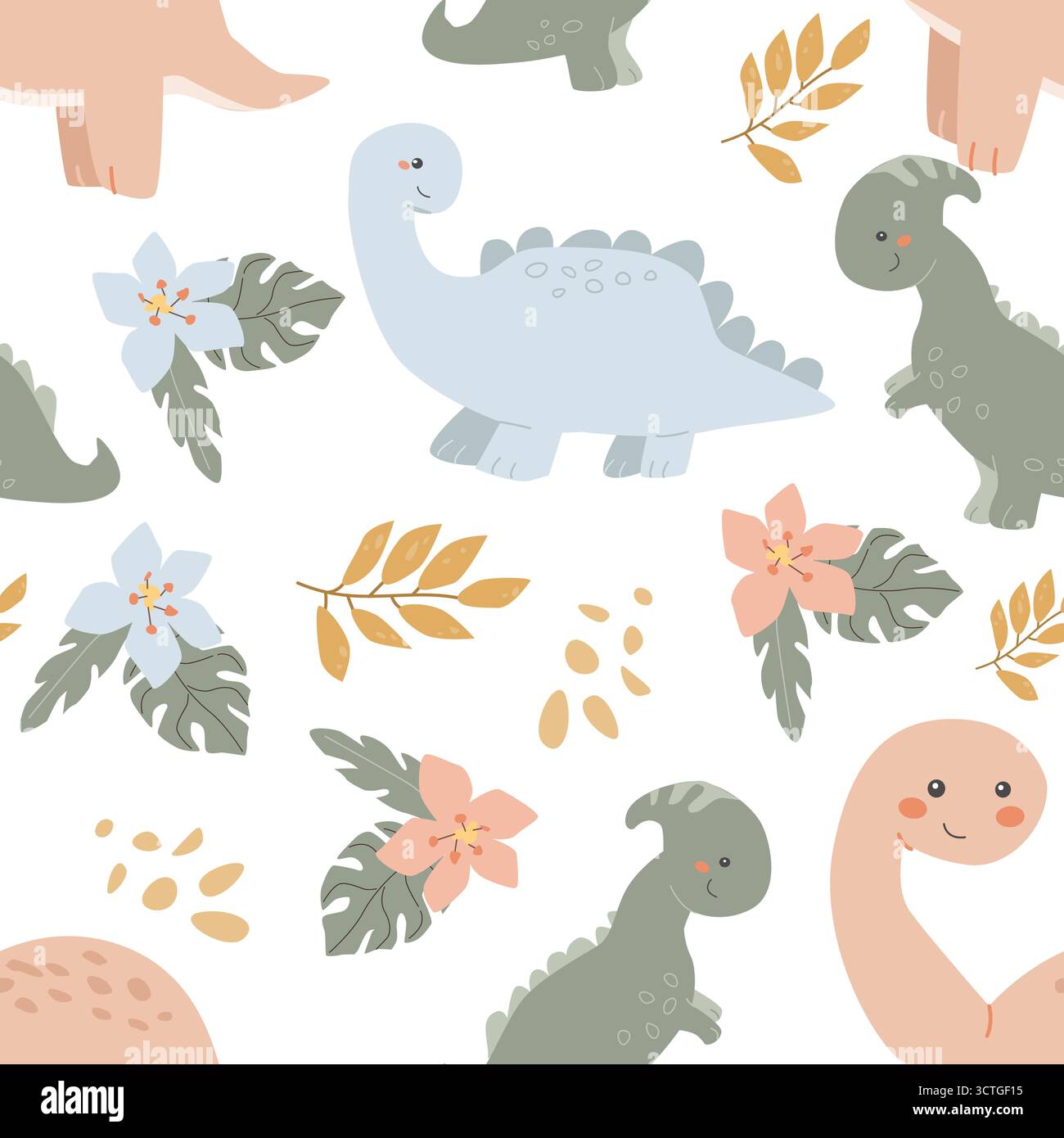 Cute dinosaur and floral pattern on white background. Stock Vector