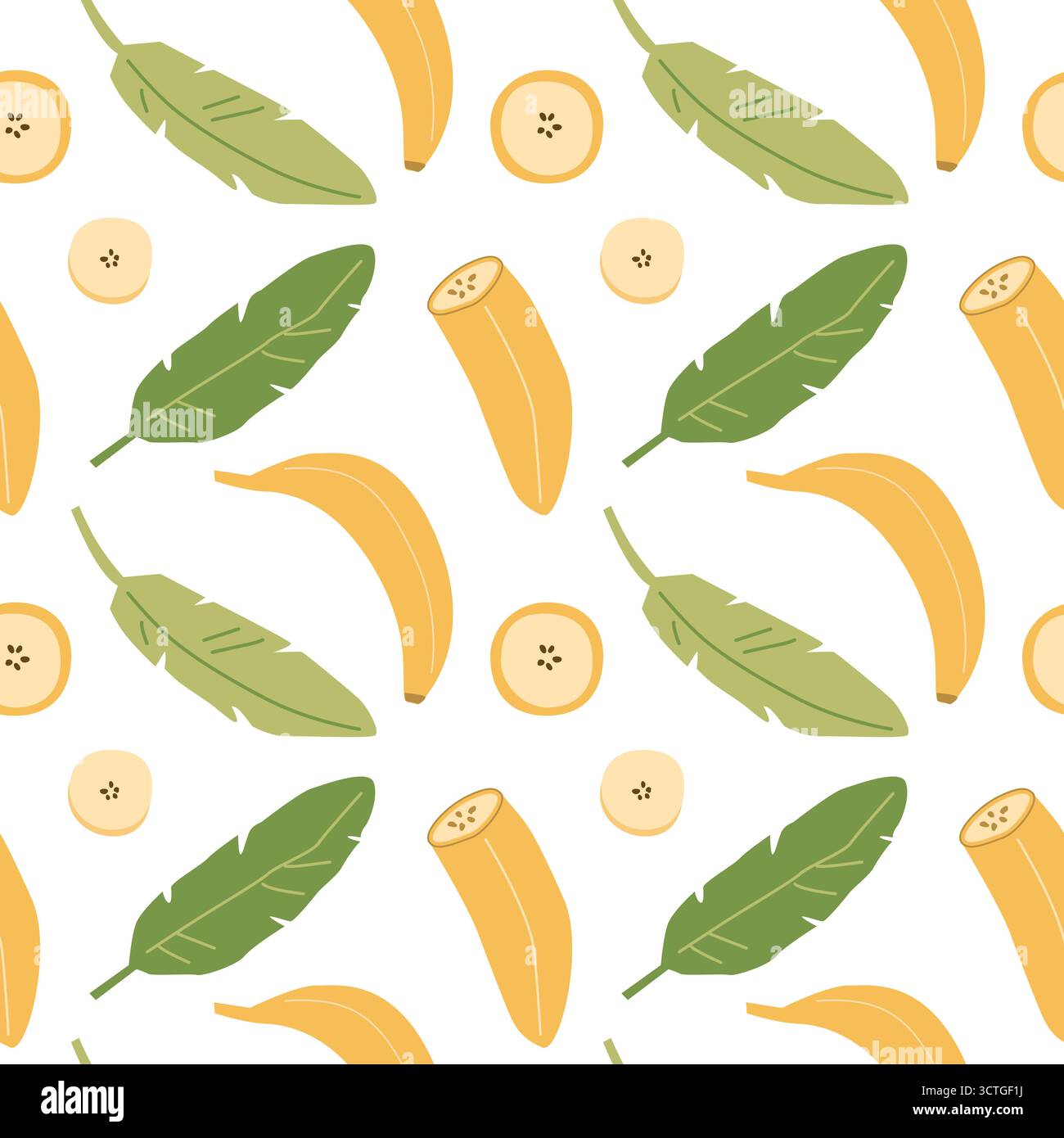 Seamless pattern with bananas and leaves on white background. Stock Vector