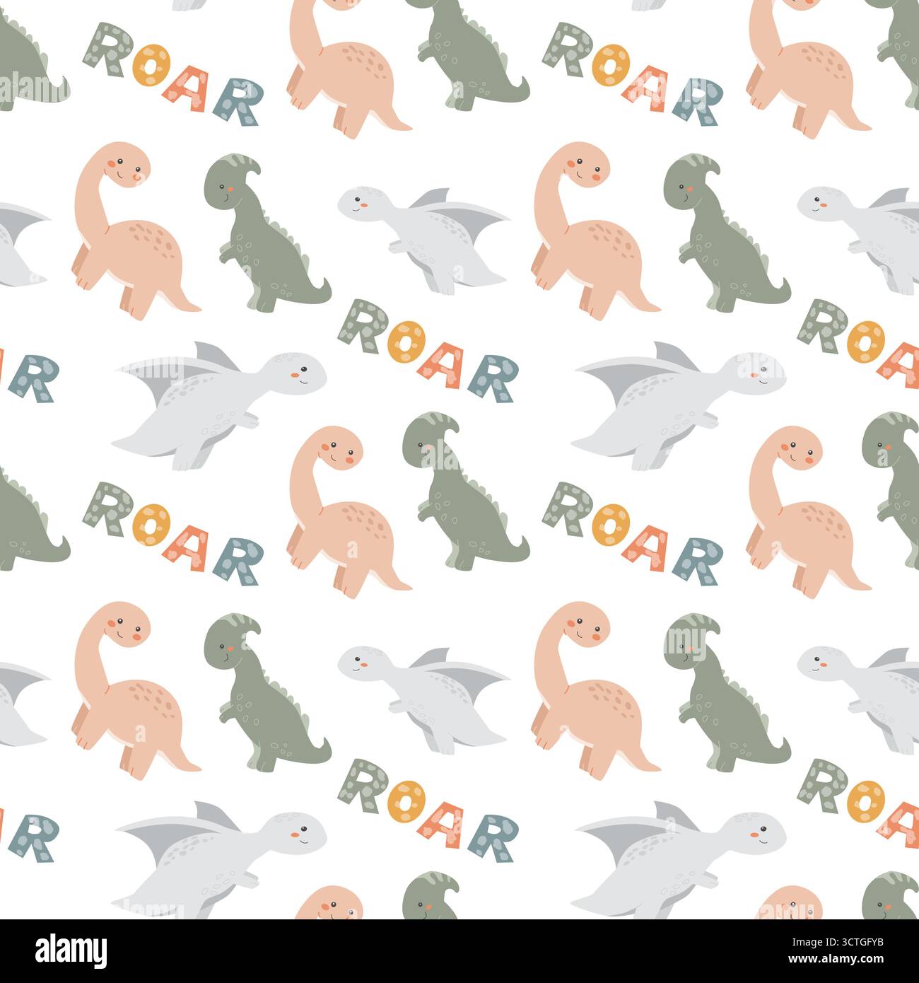 Colorful dinosaur pattern with playful roar text on black background. Stock Vector
