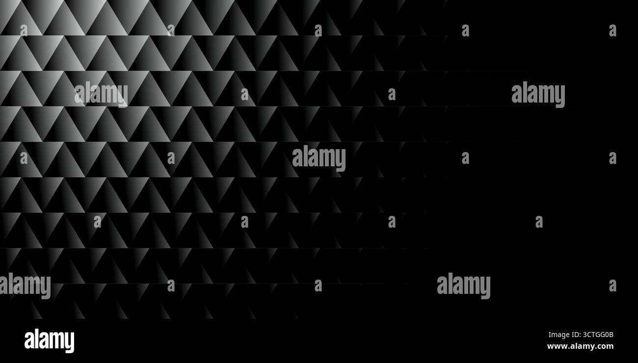 triangular pattern gradually fades into a solid deep black field on the right, utilizing subtle gray gradients within each triangle to enhance the sen Stock Photo