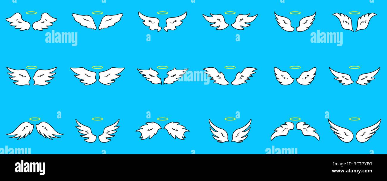 Cartoon Angel Wings With Halo Icon Set. Whimsical Wing Icons. Heaven ...