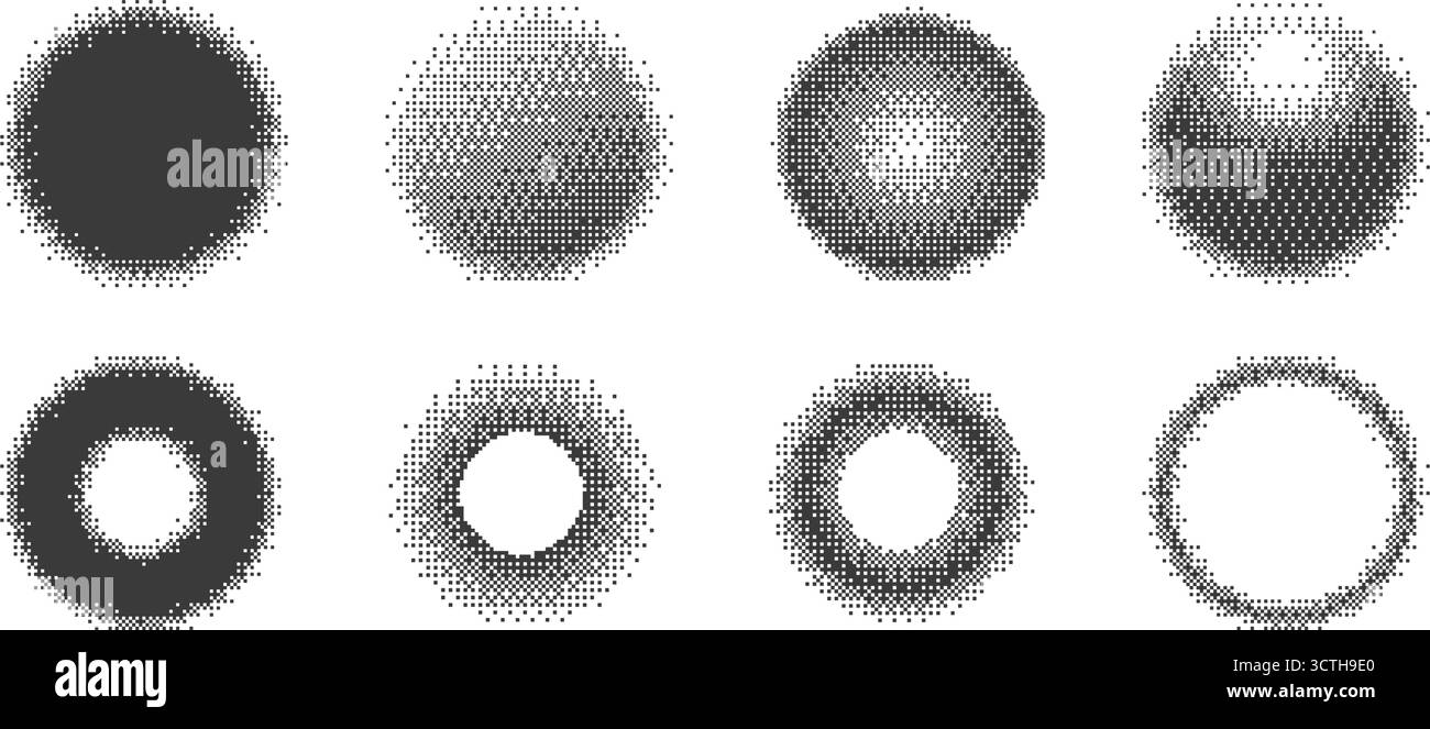 Pixel circles with halftone effect. Bitmap aesthetic round shapes for ...
