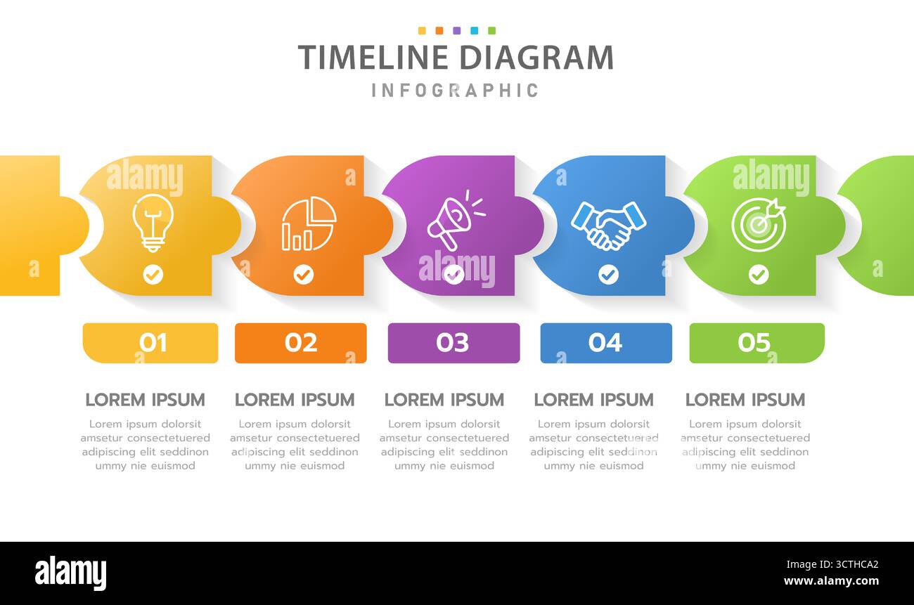 Infographic template for business. 5 Steps Modern Timeline diagram with arrow and topic, presentation vector infographic timeline. Stock Vector