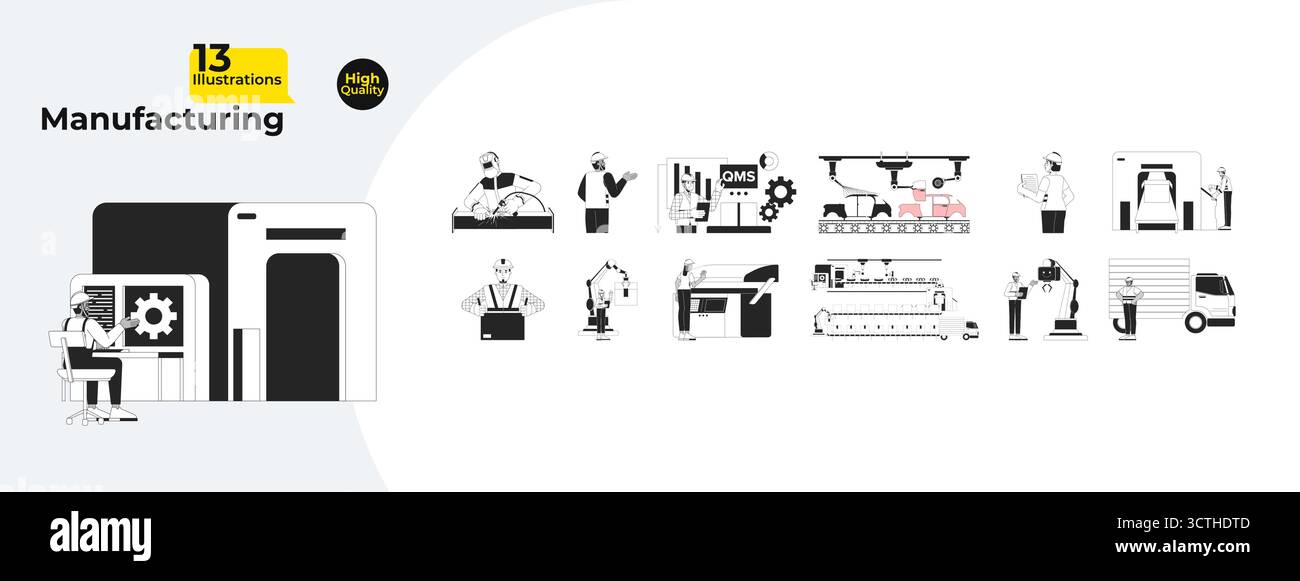 Industrial manufacturing and quality control outline illustrations mega bundle Stock Vector