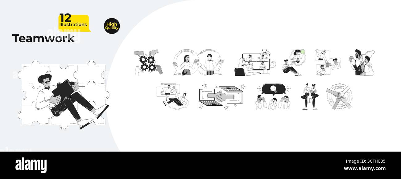 Business teamwork and online collaboration doodle outline illustrations mega bundle Stock Vector