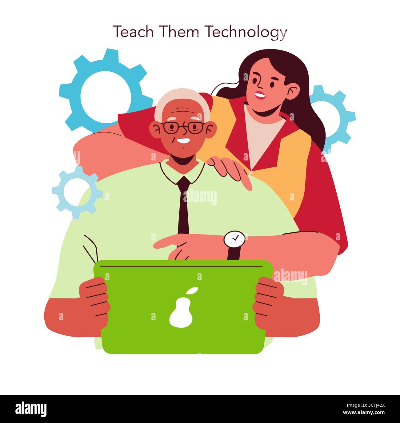 Vector illustration of a young person assisting a senior in using a tablet. The image emphasizes technology learning and communication between generations for educational purposes. Stock Vector