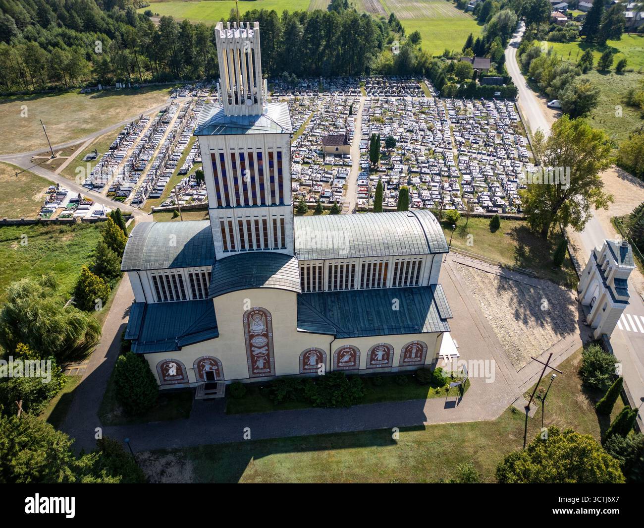 Drone photo of Basilica of the Holy Trinity and St Anne in Prostyn village, Ostrow Mazowiecka County in Poland Stock Photo