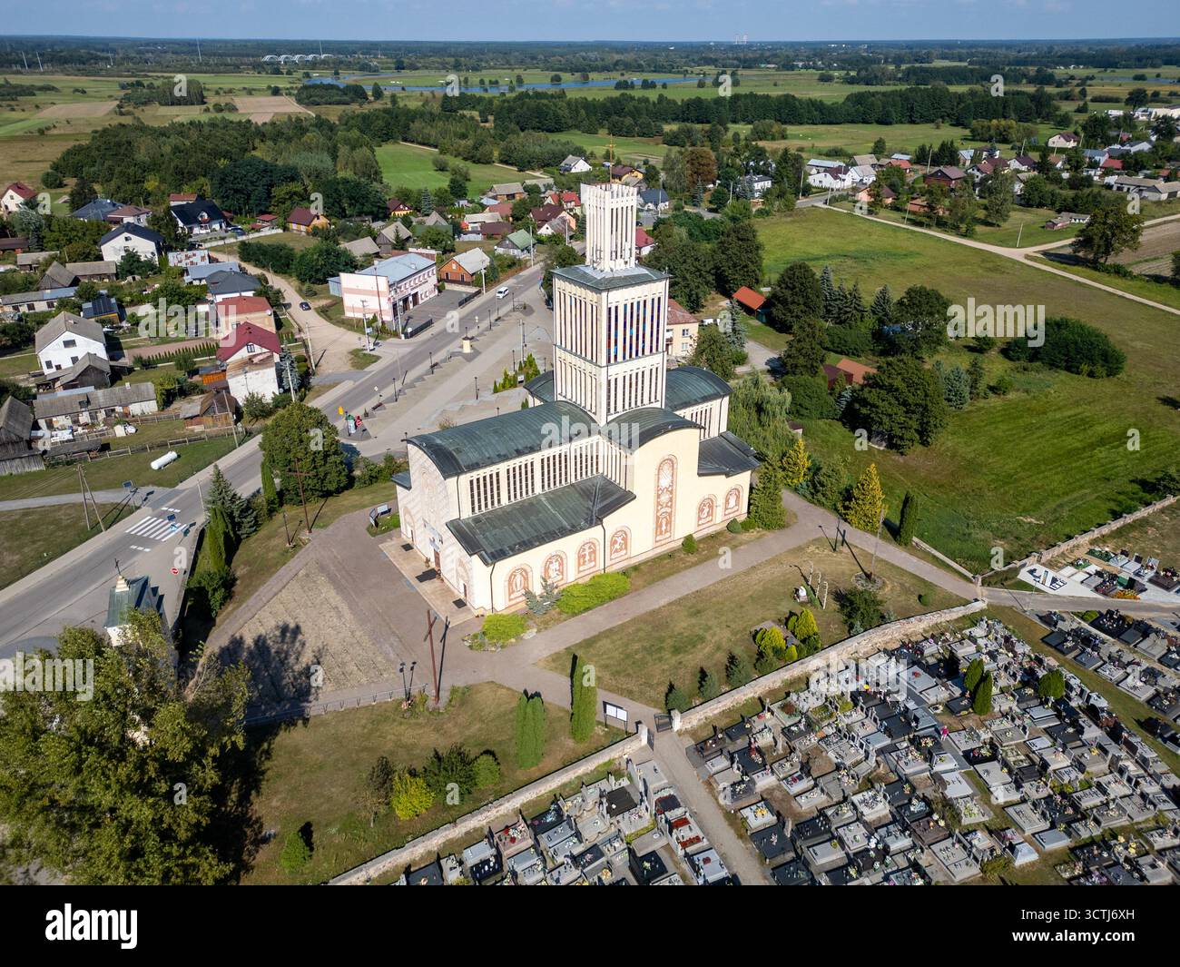 Drone photo of Basilica of the Holy Trinity and St Anne in Prostyn village, Ostrow Mazowiecka County in Poland Stock Photo