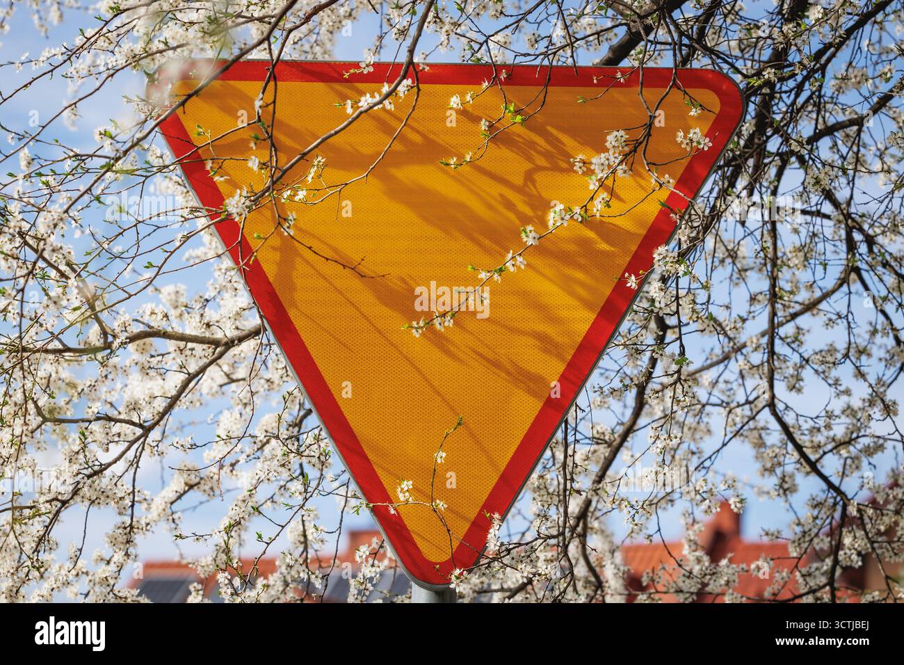 Yield road sign on a street in Warsaw, Poland Stock Photo