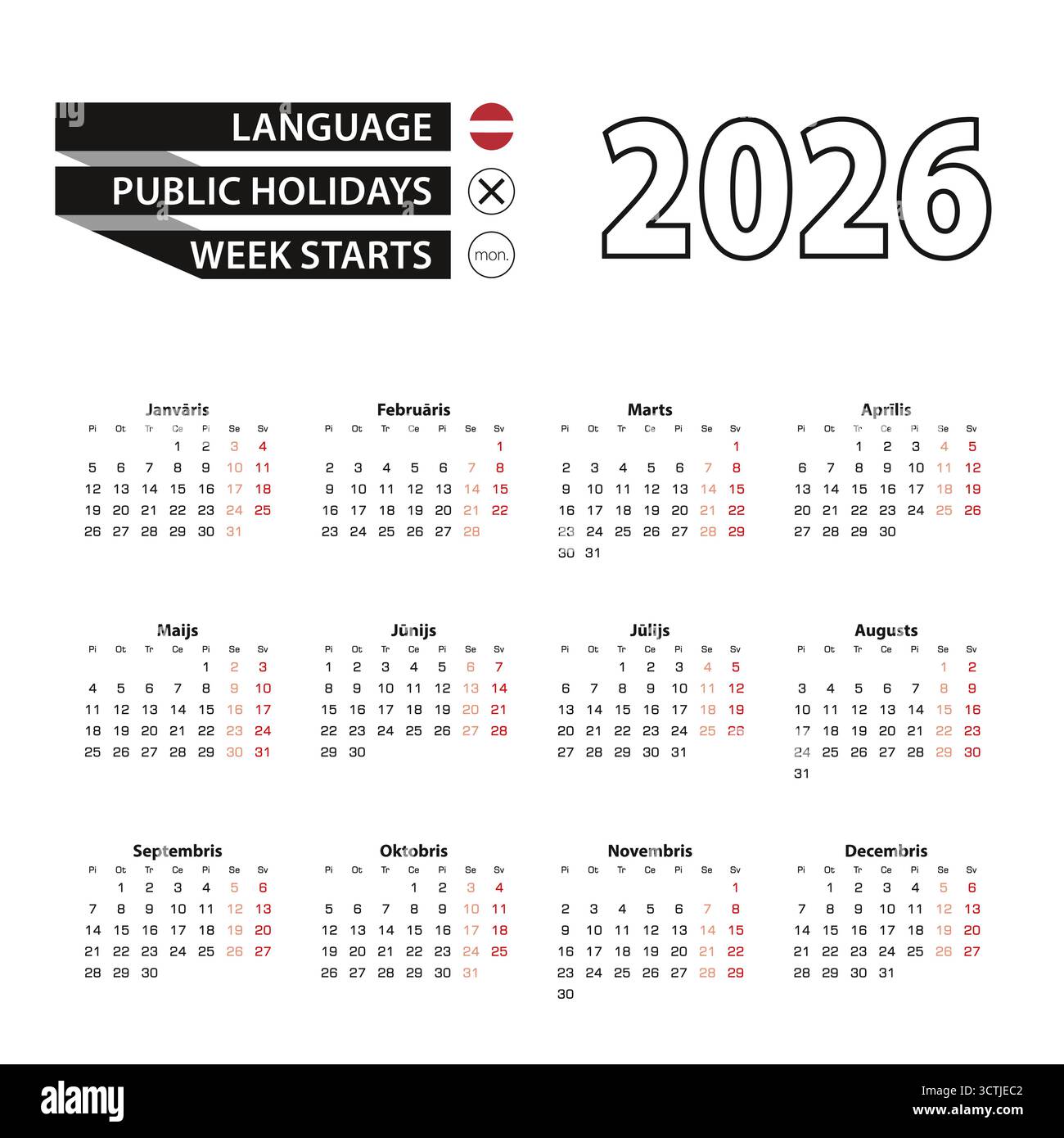 Calendar 2026 in Latvian language, week starts on Monday. Vector ...