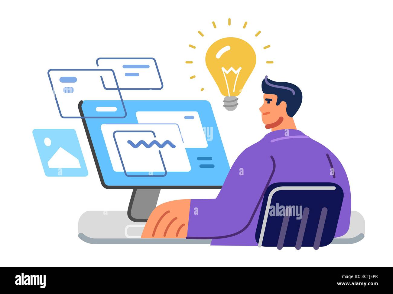 Creative process and remote design work. Designer working from home using computer. Creativity, idea Stock Vector