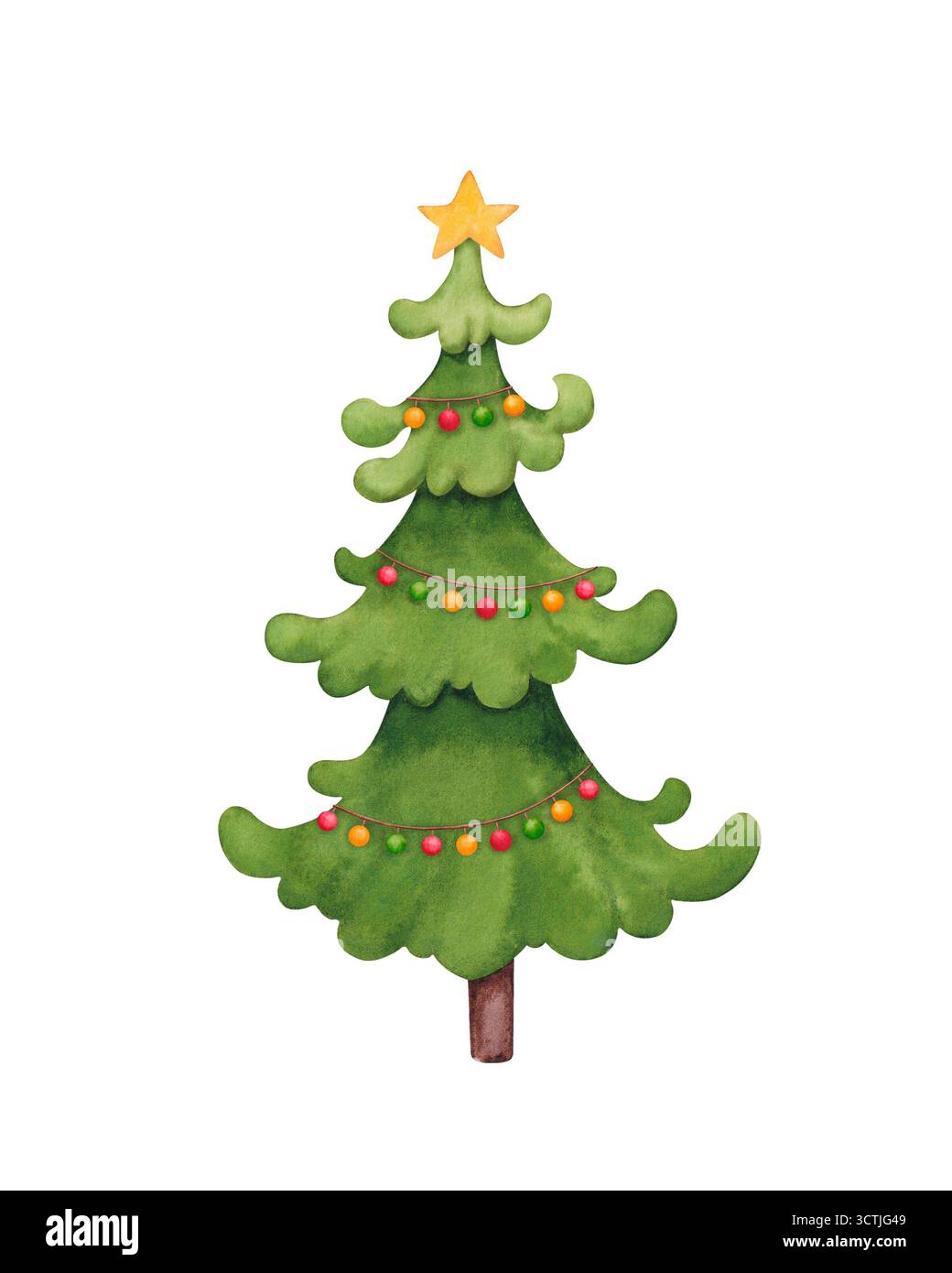 Watercolor Christmas tree with ornaments and star. Hand drawn ...