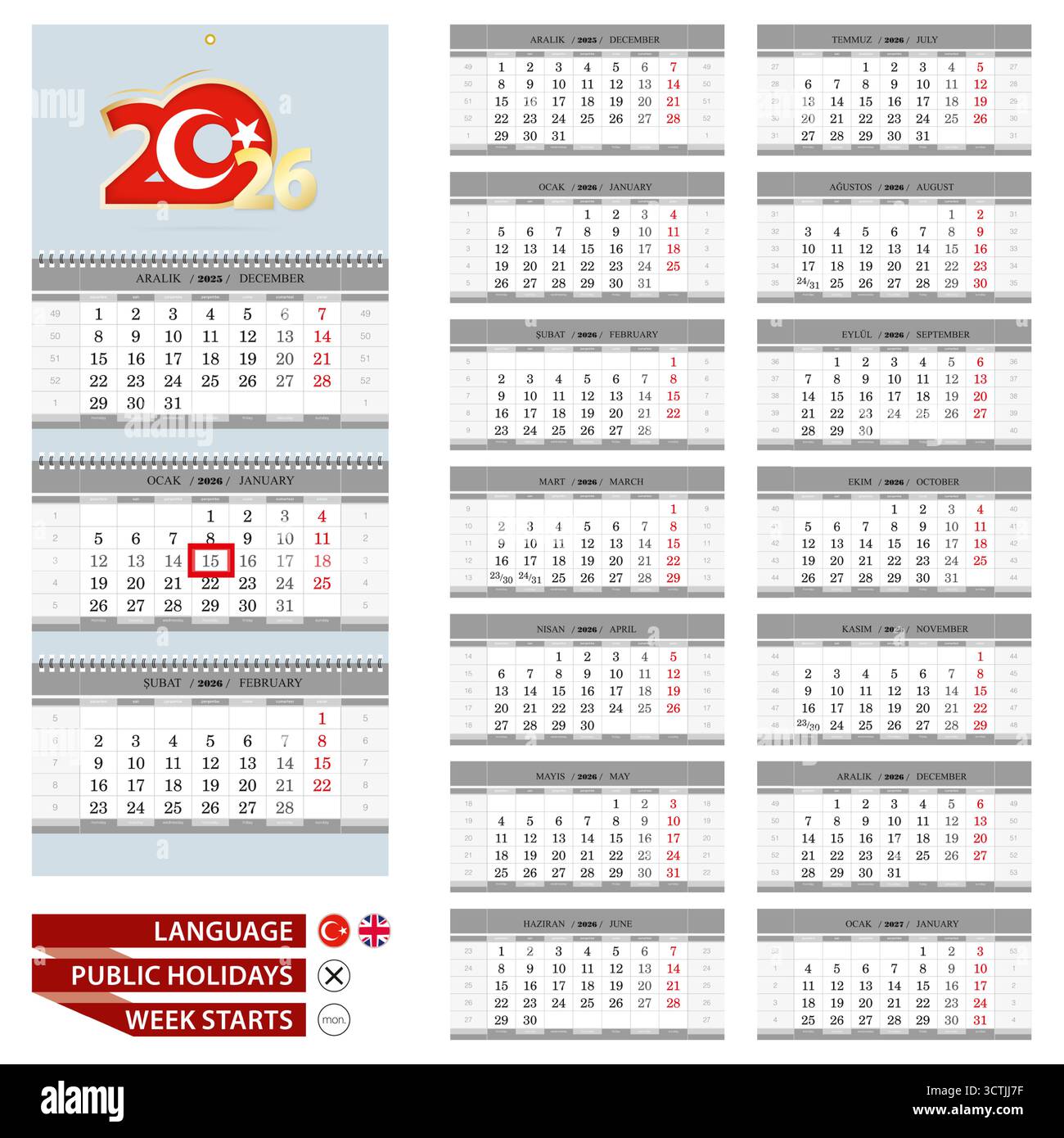 Wall calendar planner template for 2026 year. Turkish and English ...