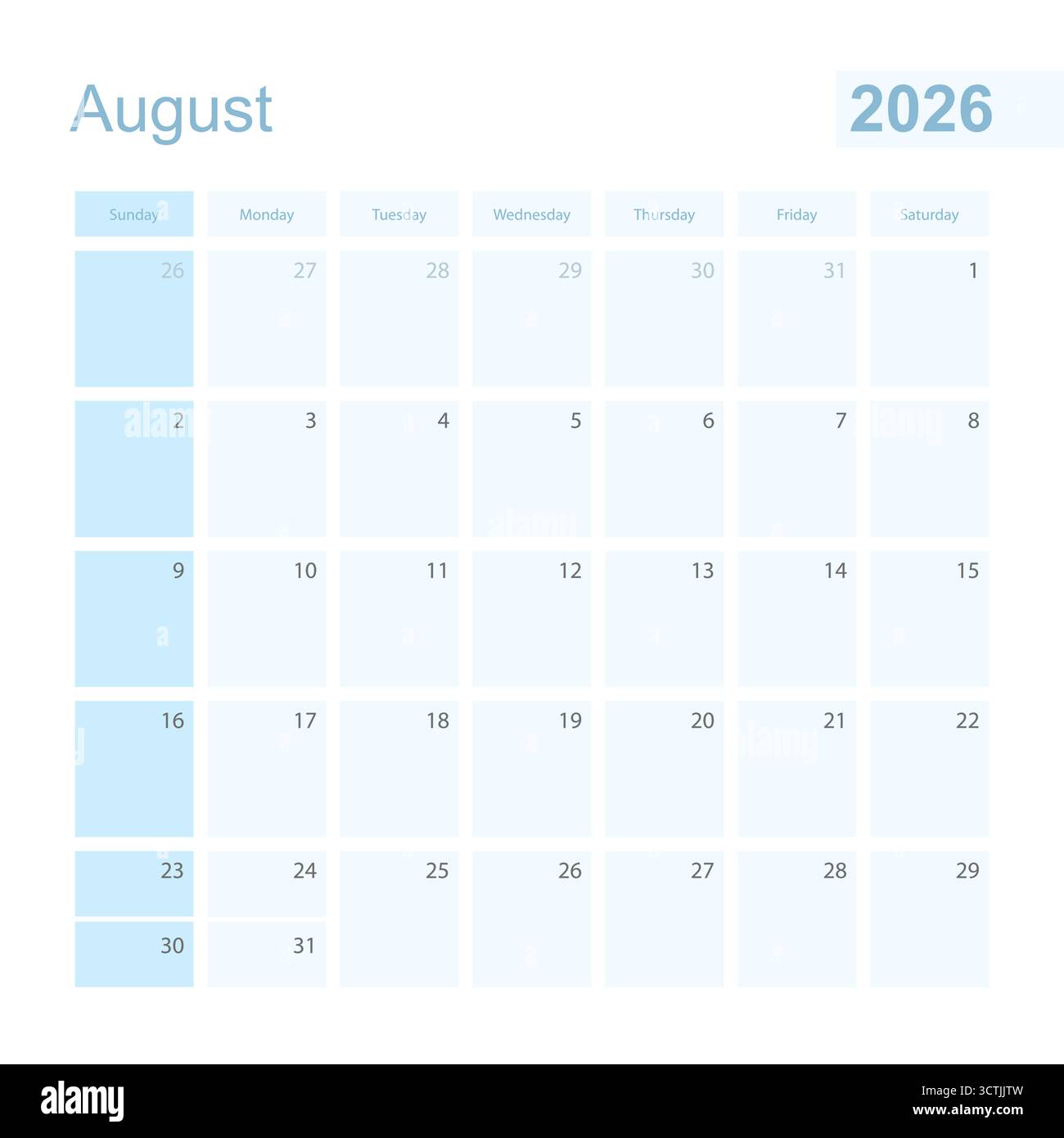 2026 August wall planner in blue color, week starts on Sunday. Calendar ...