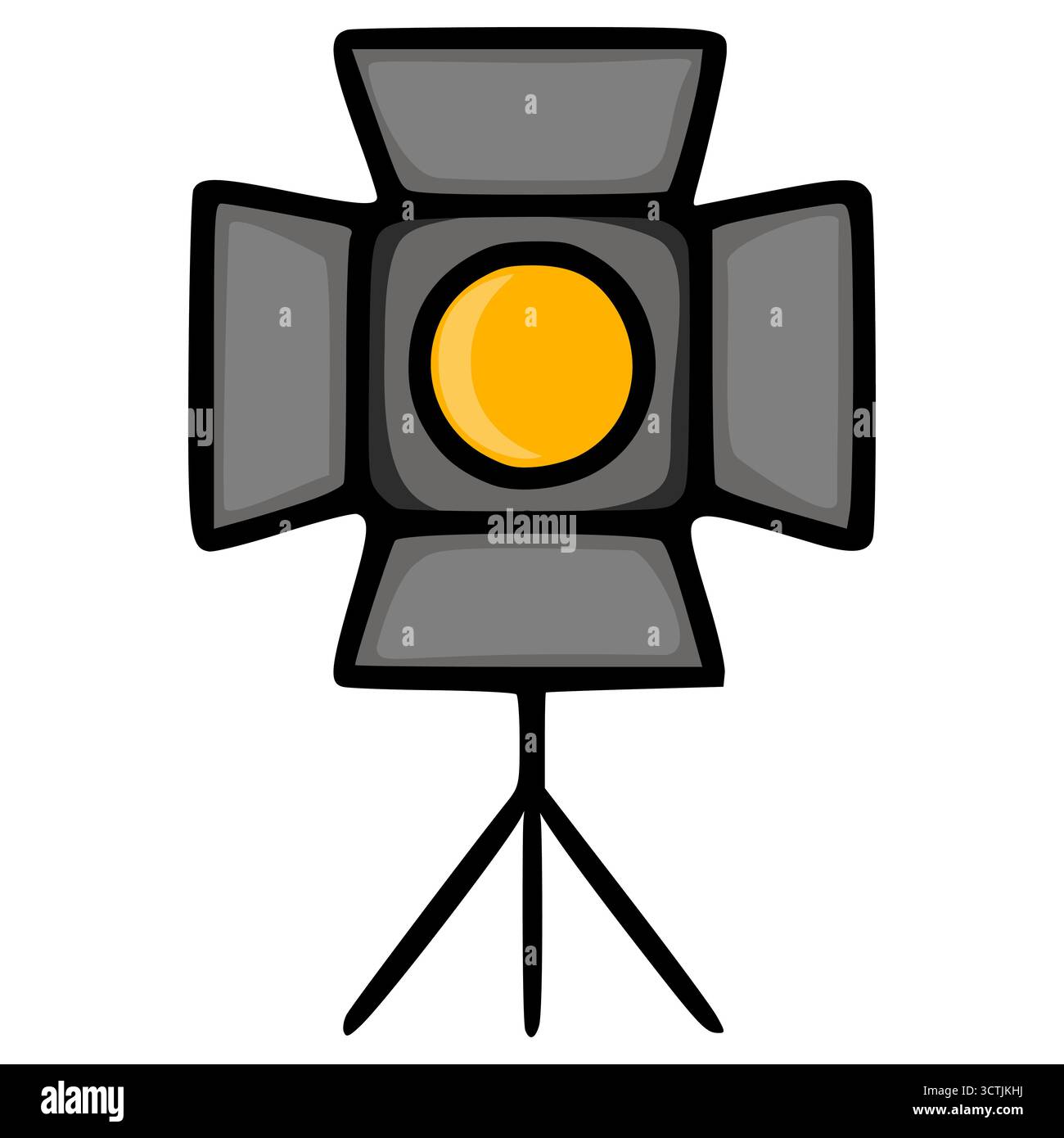 A stylized vector illustration of a spotlight with a bright yellow bulb and four gray panels, mounted on a simple tripod stand, isolated on a white ba Stock Vector