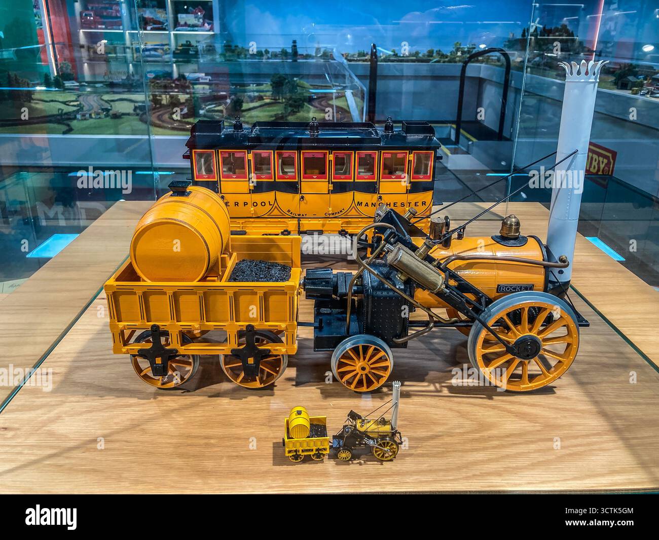 Models of Stephenson's Rocket and Coach, on display  at Wonderworks, Margate, Kent - Smartphone Captured Stock Image