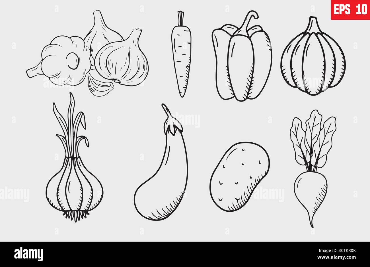 Vegetables outline set. Carrot, potato, mushroom, pepper, avocado, pumpkin, broccoli, cabbage, turnip, eggplant. Fresh organic vegetables. Stock Vector