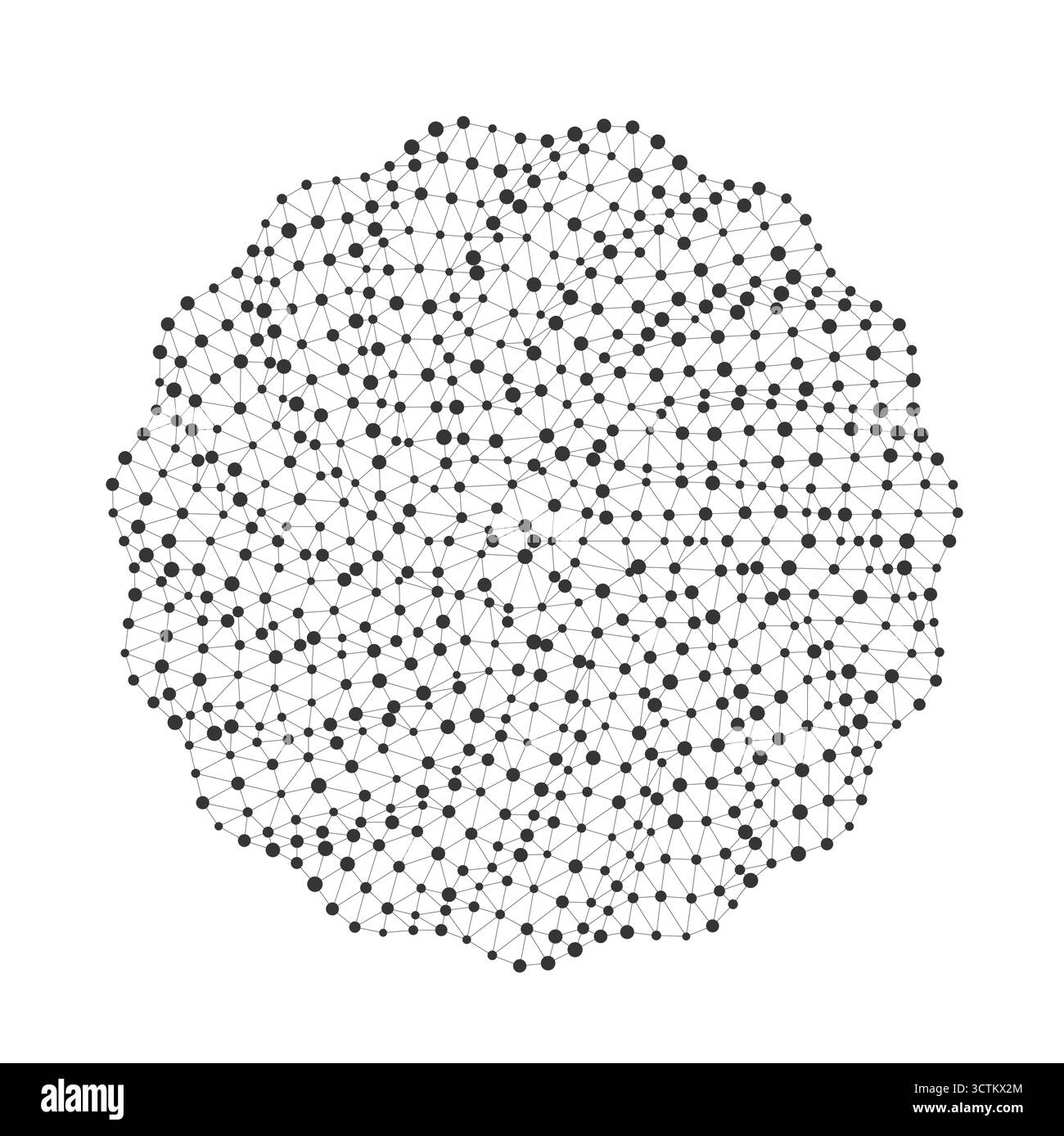 Abstract circular network of connected black dots forming a geometric ...