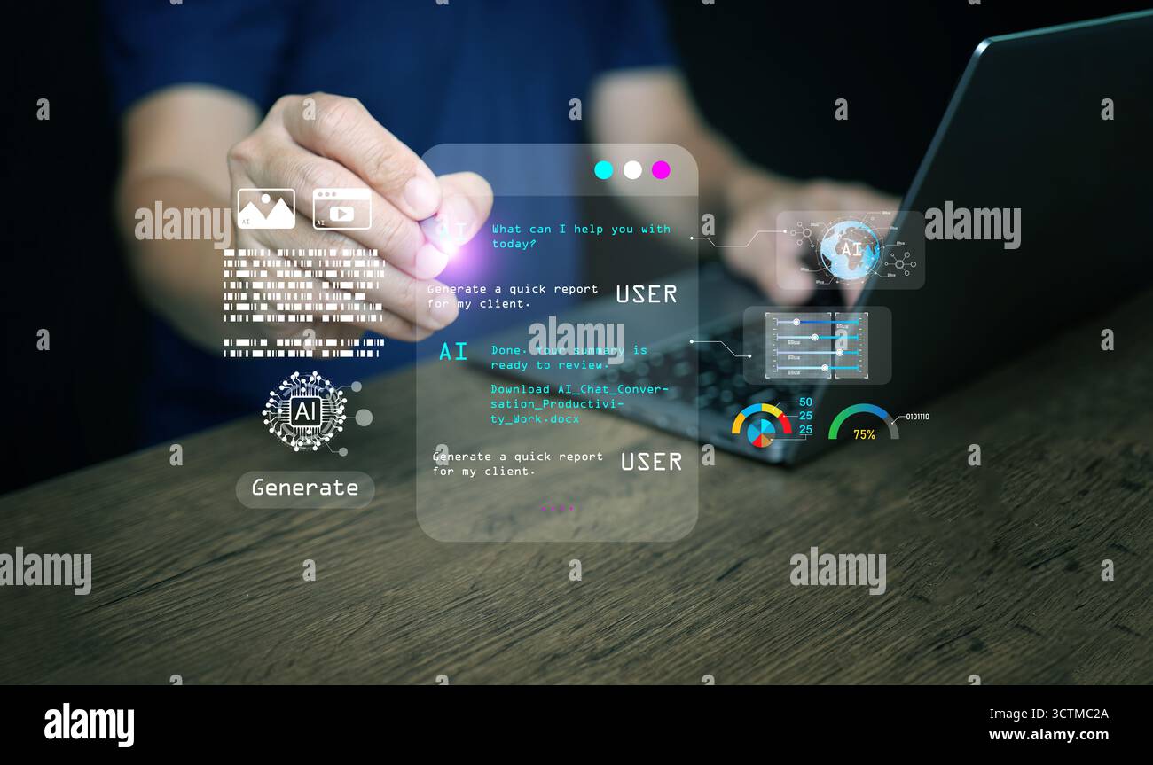 Futuristic AI agent interface projected above laptop with data visualization and automation system, representing smart virtual assistant technology an Stock Photo