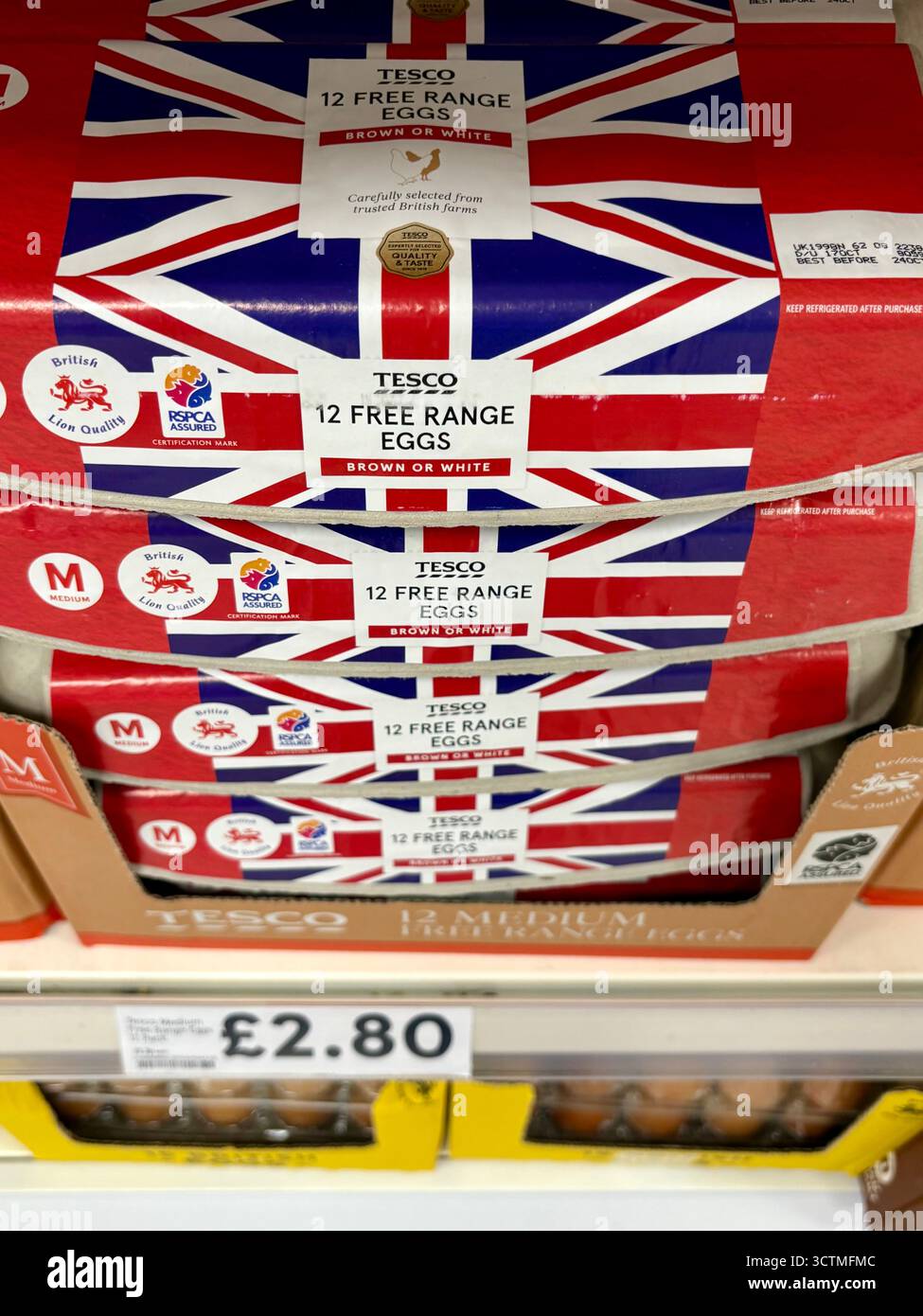 Tesco free range eggs in union jack covered cardboard carton for sale in Tesco supermarket - Smartphone Captured Stock Image