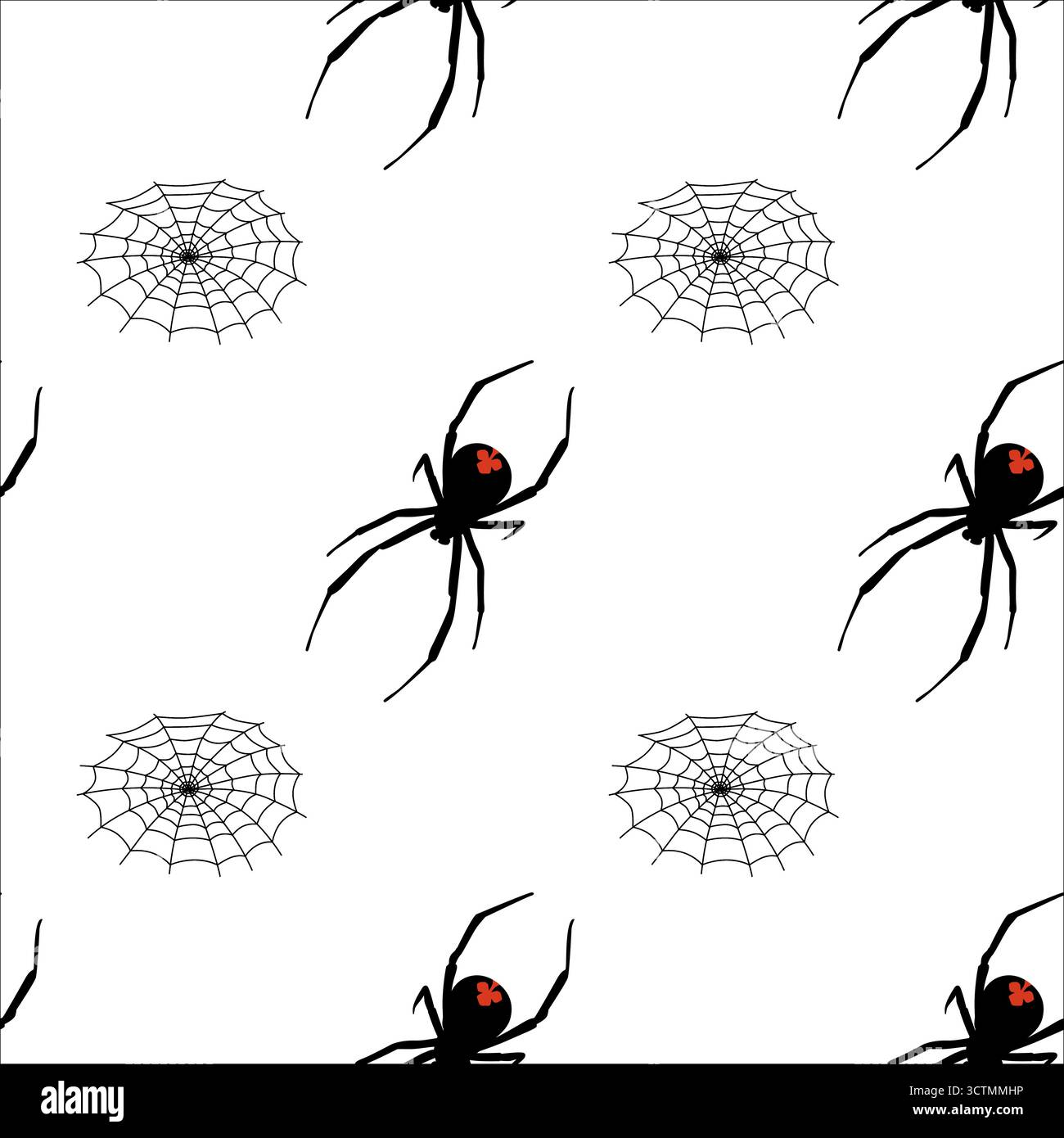 Black widow spiders and webs patterned design on a white background Stock Vector