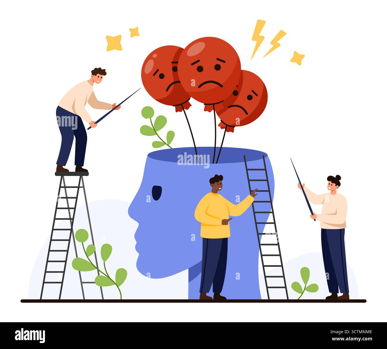 People helping remove sad balloons from a head symbolizing stress ...