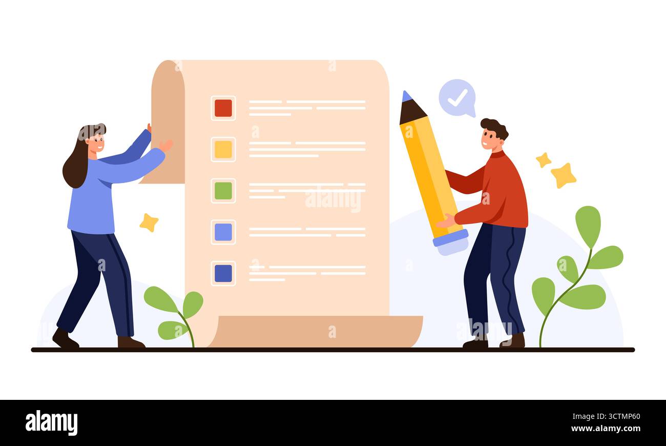 Cartoon people planning and checking tasks on a large colorful to do ...