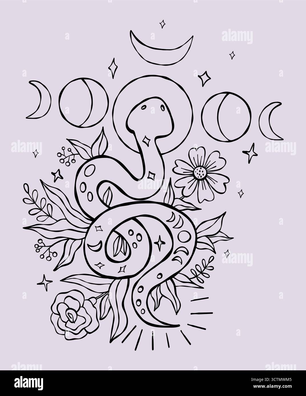 Mystical snake with moon and Flowers Plants. Outline Textured Hand ...