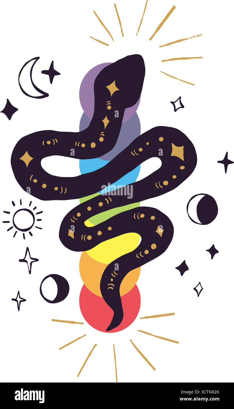Mystical Snake Kundalini with colorful chakra, Celestial Moon, Sun and ...