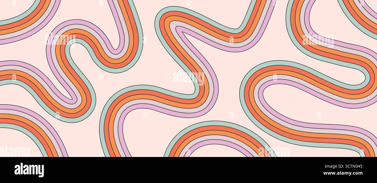 Abstract background with groovy rainbow stripes. Vector pattern with retro styled multicolored lines on light beige background Stock Vector