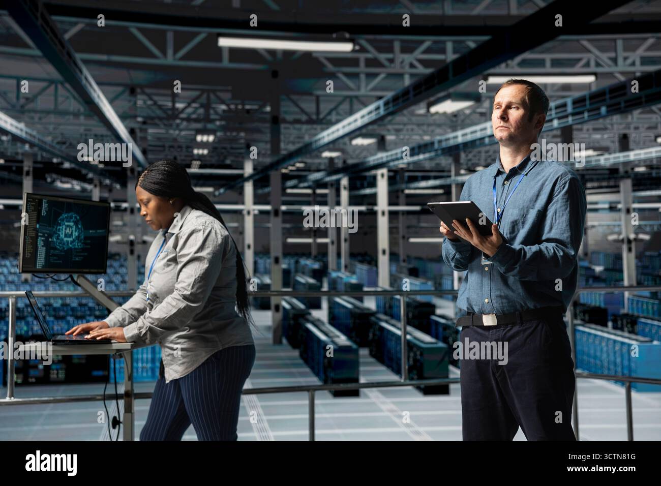 Server farm team of technicians using devices to do infrastructure AI machine learning automatization. Data center programmer and coworker doing maintenance using artificial intelligence Stock Photo