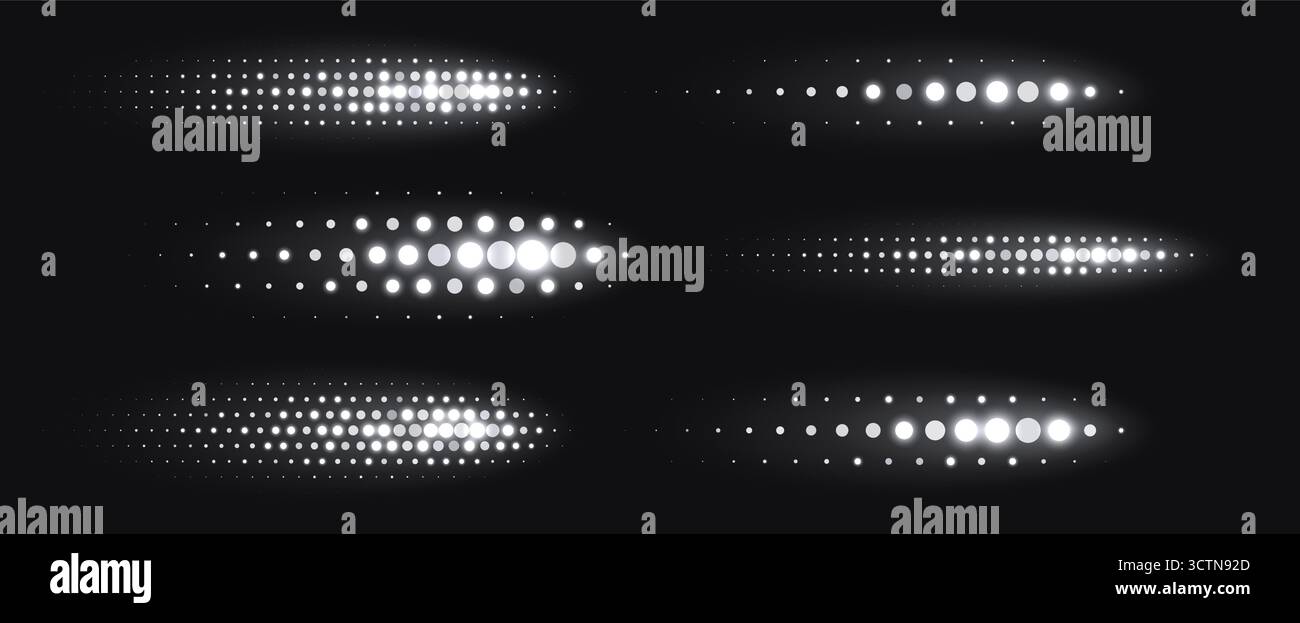 Silver halftone shapes, glowing dynamic elements made from sparkling dots. Stock Vector