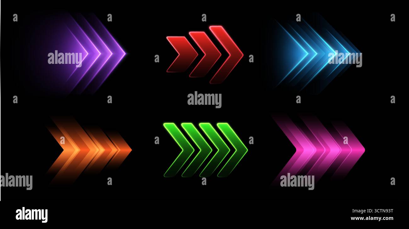 Glowing colorful arrows, dynamic glowing pointers, fast motion concept. Stock Vector