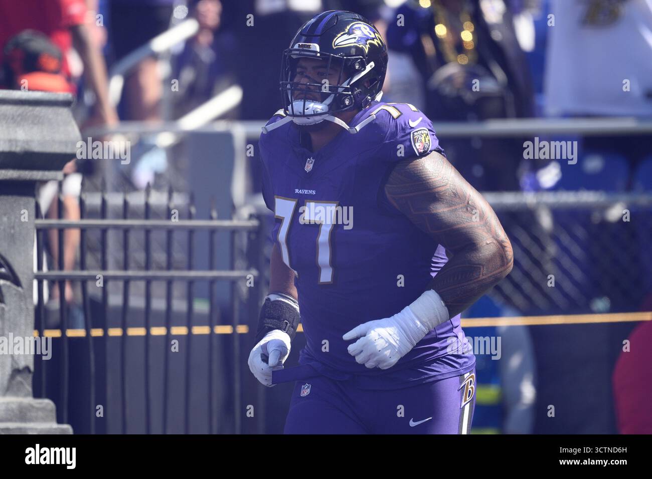 Baltimore Ravens guard Daniel Faalele (77) takes to the field before an ...