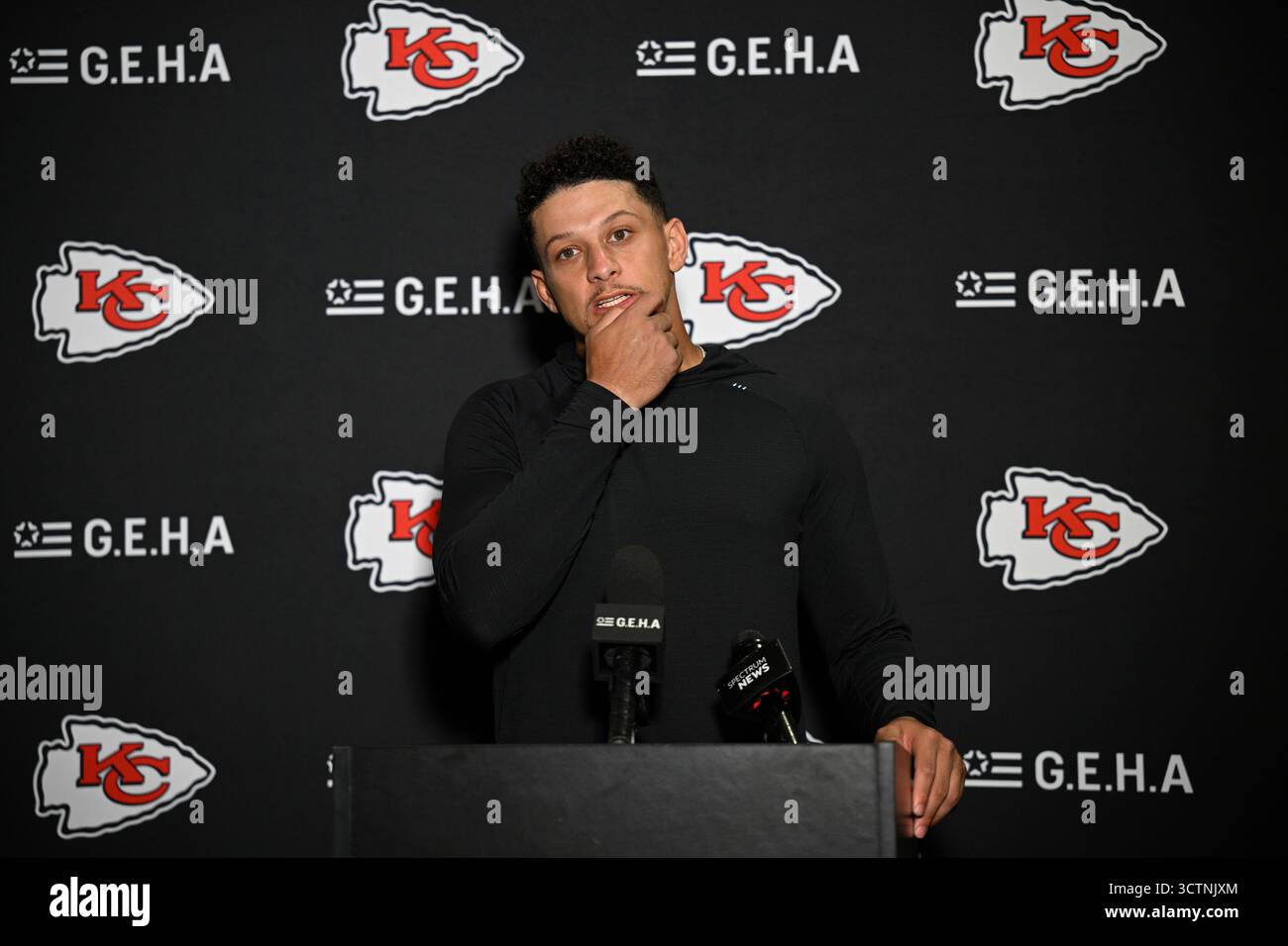 Patrick Infla Kansas City Chiefs quarterback Patrick Mahomes talks with reporters ...