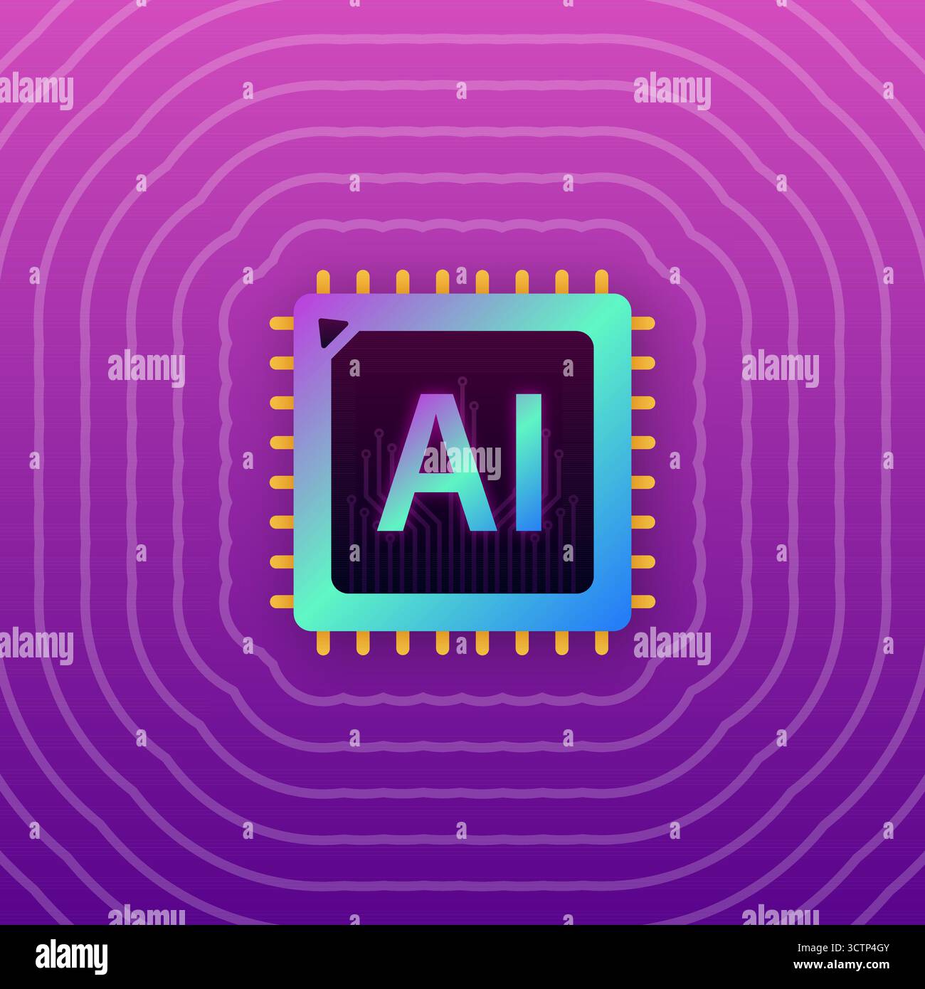AI artificial intelligence processor chip with radiating waves Stock Vector