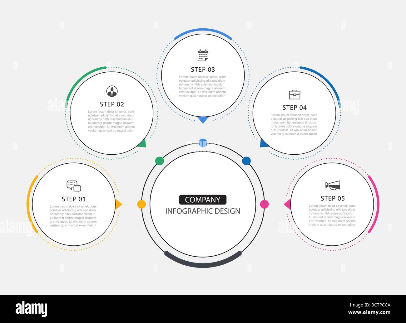 Modern circular business infographic with 5 data colorful process steps. Stock Vector