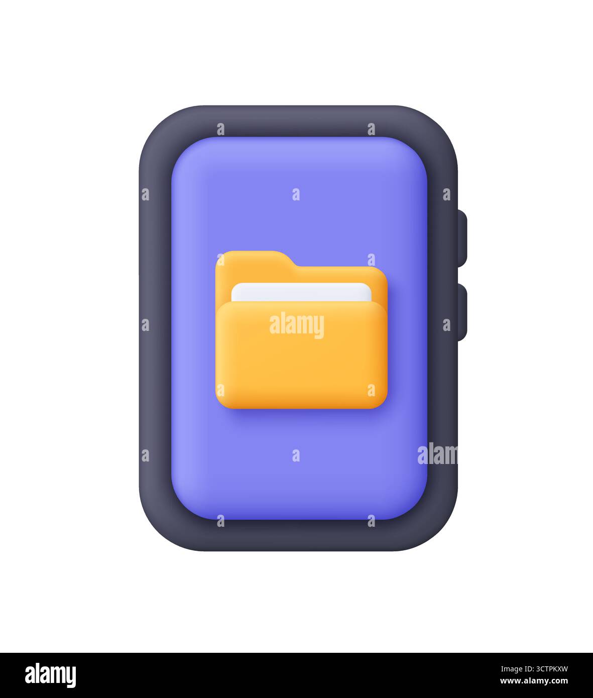 Purple smartphone with yellow folder on the black screen. Data storage, file management, document sharing and digital organization concept. 3d vector Stock Vector