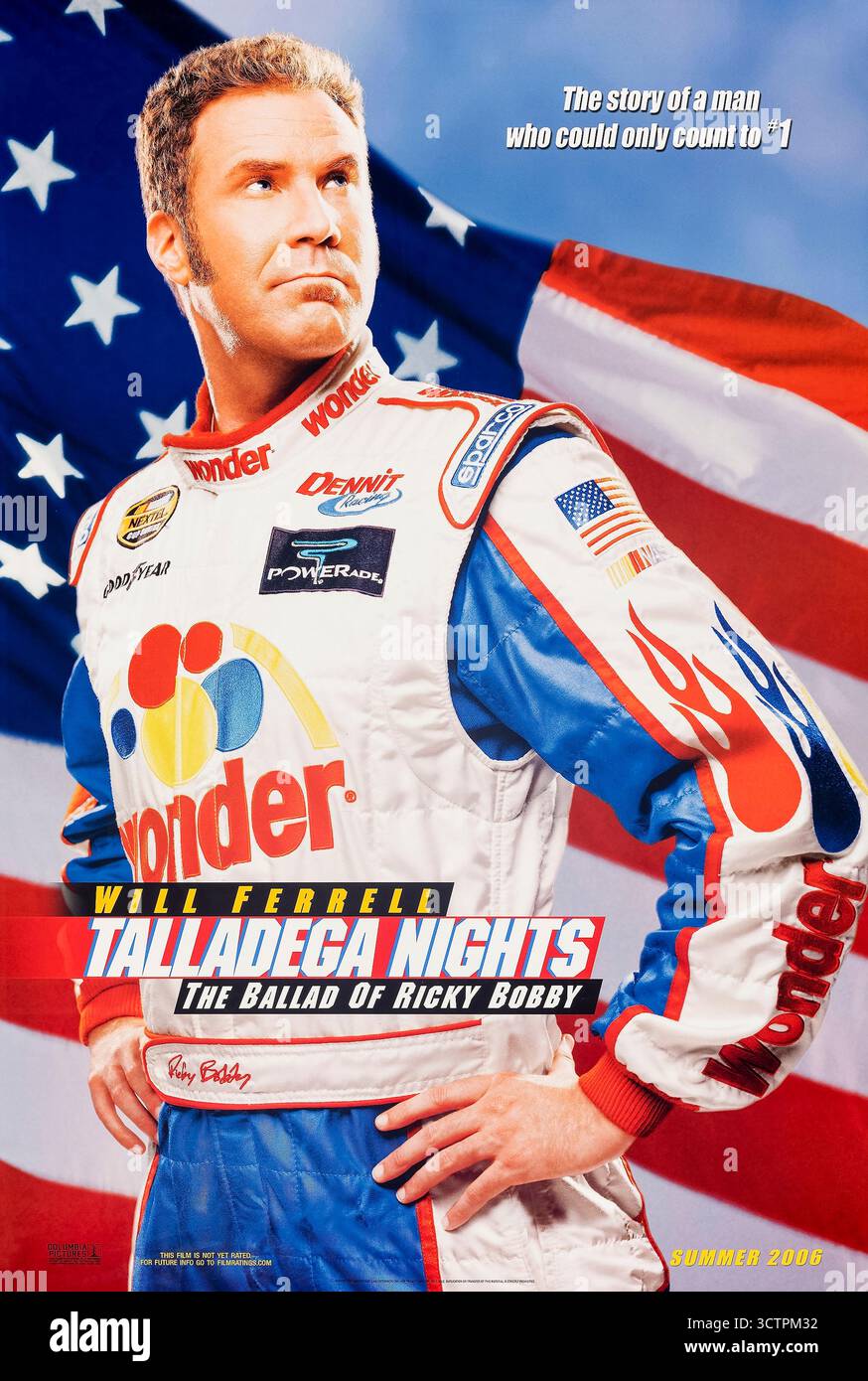 Talladega Nights: The Ballad of Ricky Bobby (2006) directed by Adam McKay and starring Will Ferrell, John C. Reilly and Sacha Baron Cohen. Advance poster for the American sports comedy about a NASCAR driver whose life unravels after a crash. Photograph of an original 2006 US advance poster EDITORIAL USE ONLY. Credit: BFA / Columbia Pictures Stock Photo