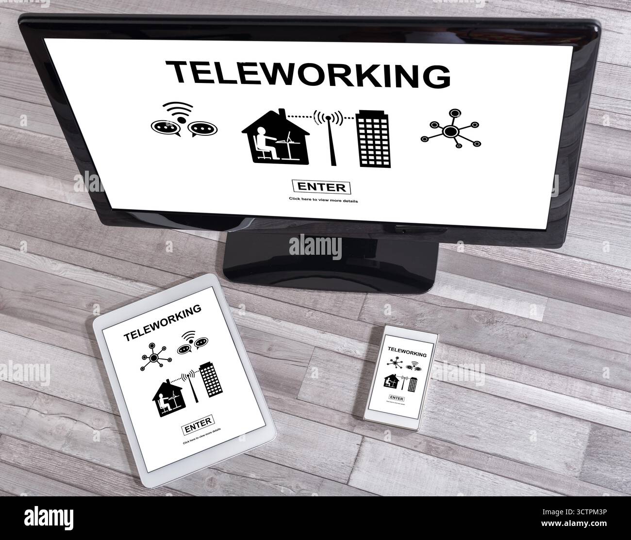 Teleworking concept shown on different information technology devices Stock Photo
