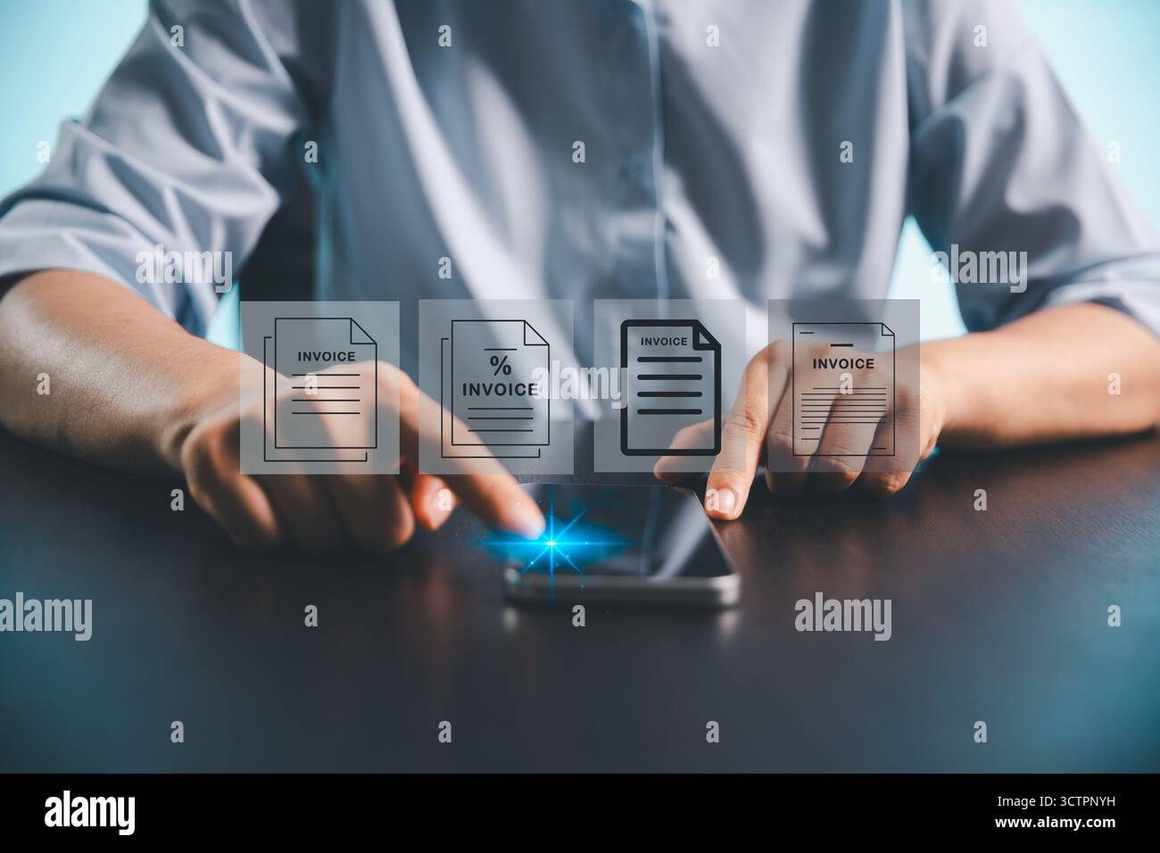 Businesswoman manages electronic statements, digital receipts on virtual screen, utilizing concept of e-invoice, digital billing, online invoice proce Stock Photo