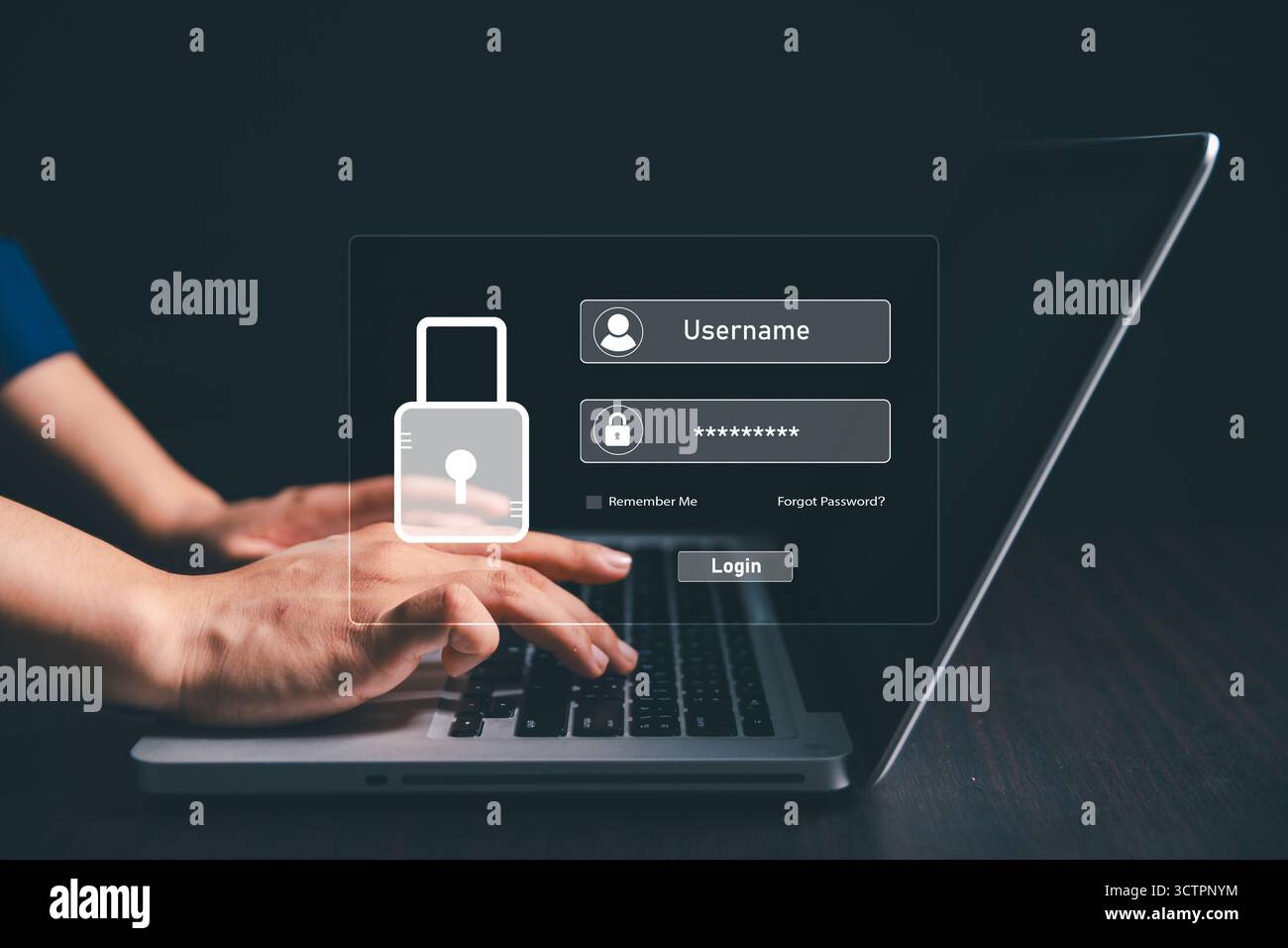 User accesses secure internet system through advanced high technology, username, password, ensuring encryption, strong cybersecurity for information s Stock Photo