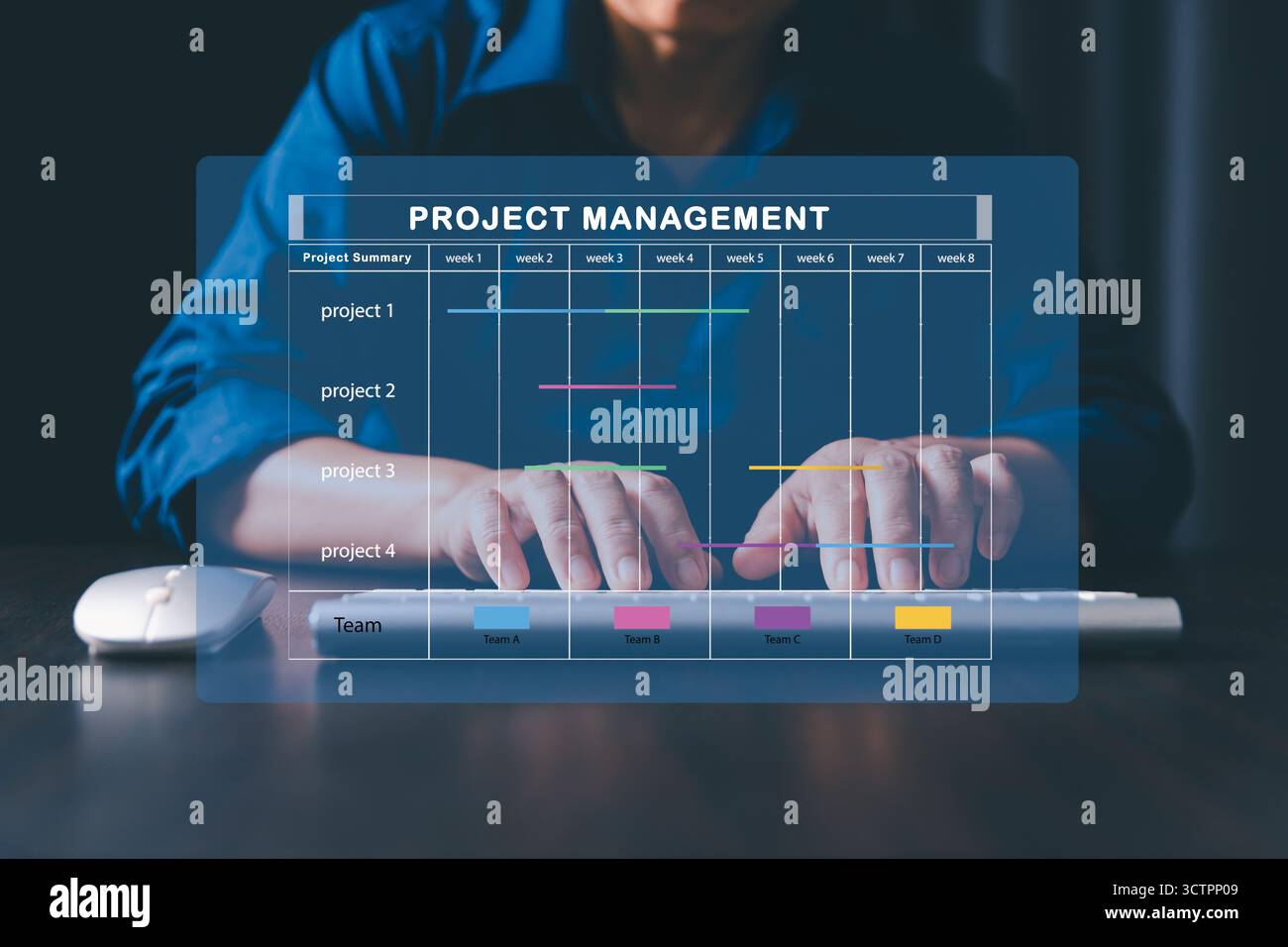 Project manager is working on virtual screen, using project management system. Gantt chart interface to plan tasks, schedule milestones, track progres Stock Photo