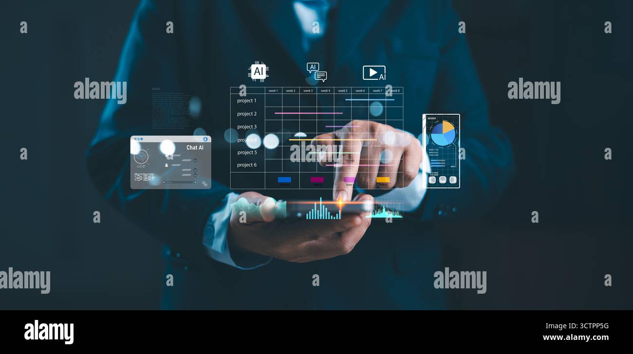 Businesswoman using AI technology on smartphone for project management, workflow automation and data visualization. Artificial intelligence solutions Stock Photo