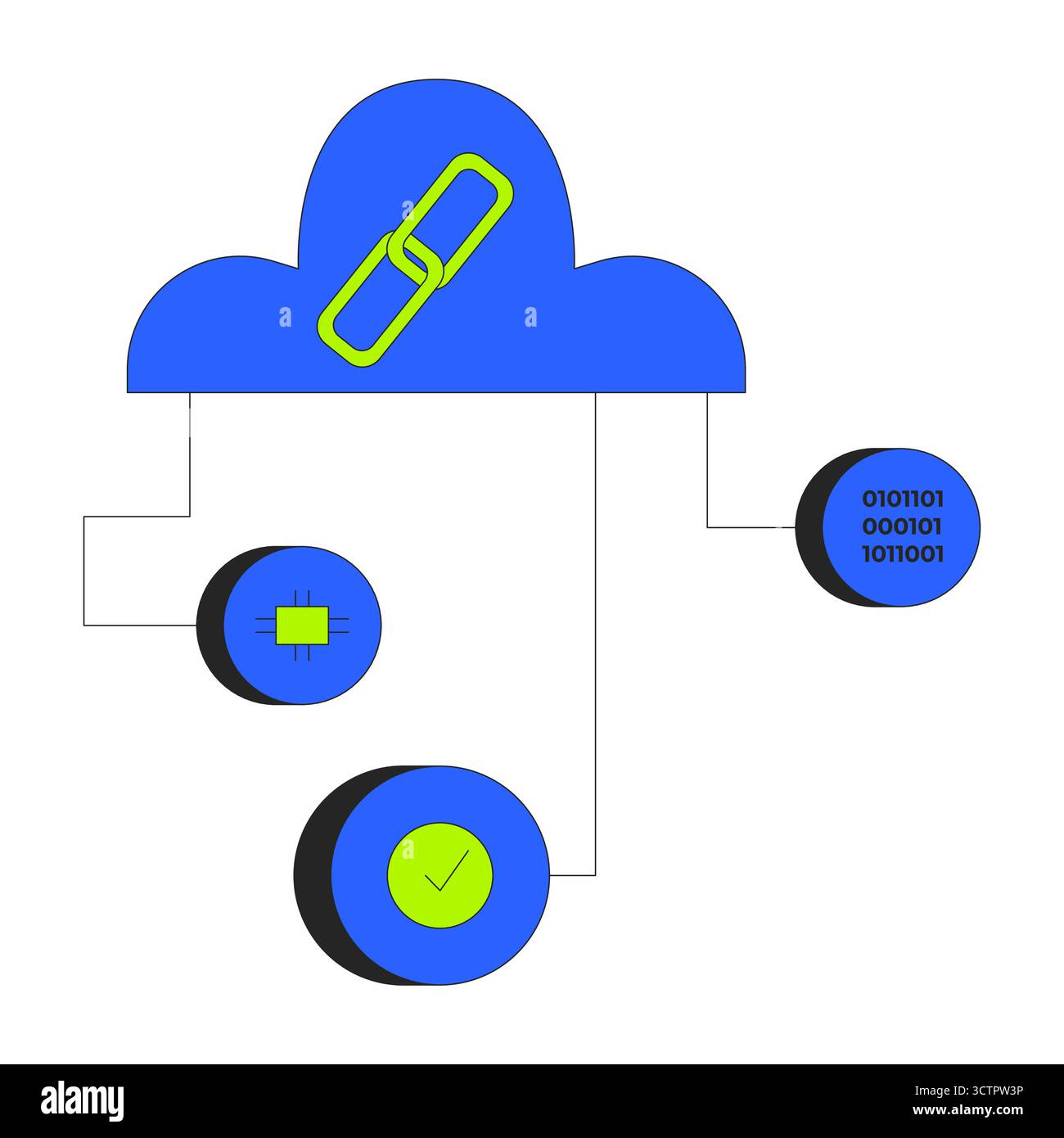 Cloud network with blockchain and data components 2D cartoon object Stock Vector