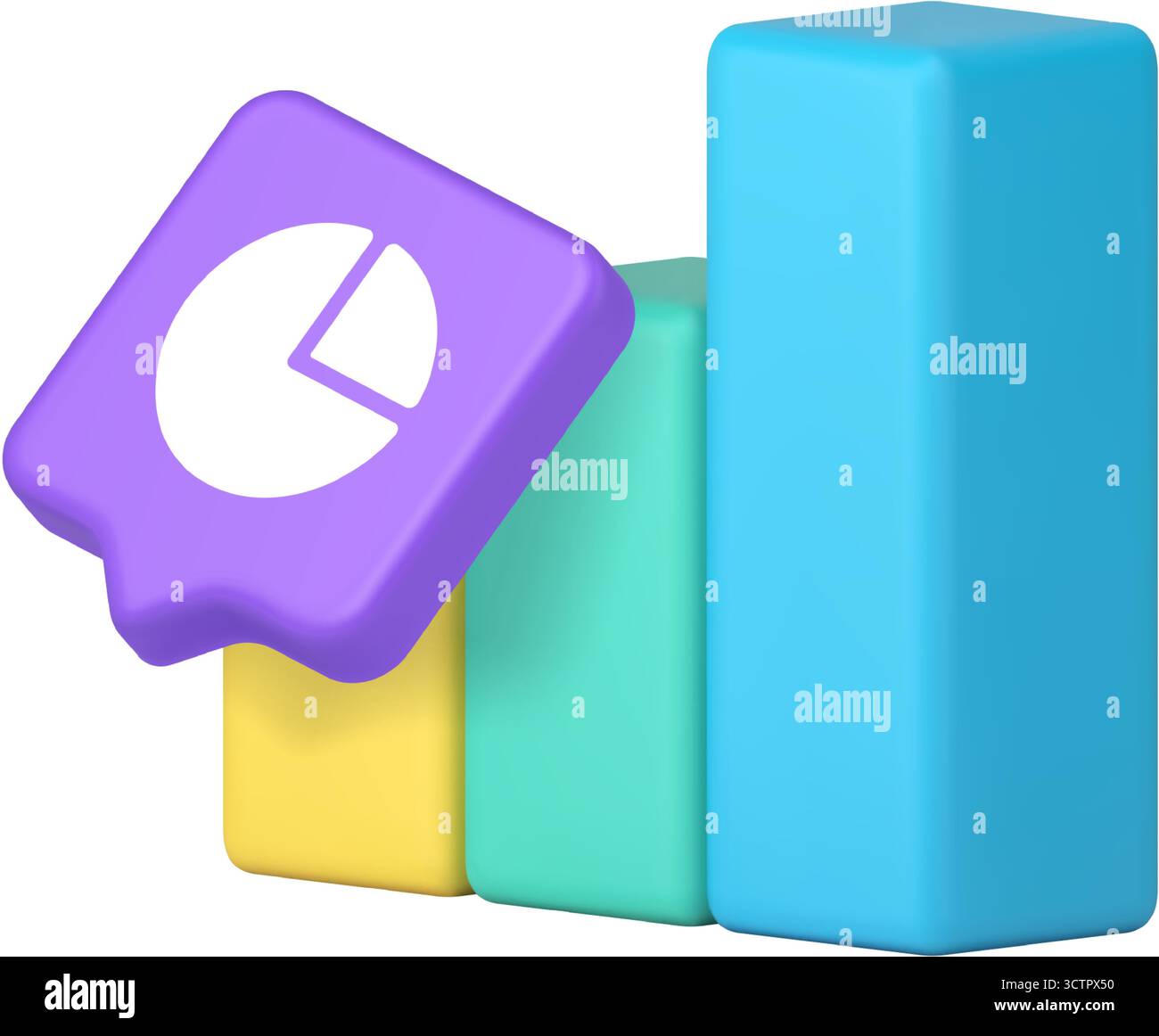 Colorful vertical bar chart combined with purple speech bubble containing white pie chart icon symbolizing data visualization, analytics, reporting, s Stock Vector
